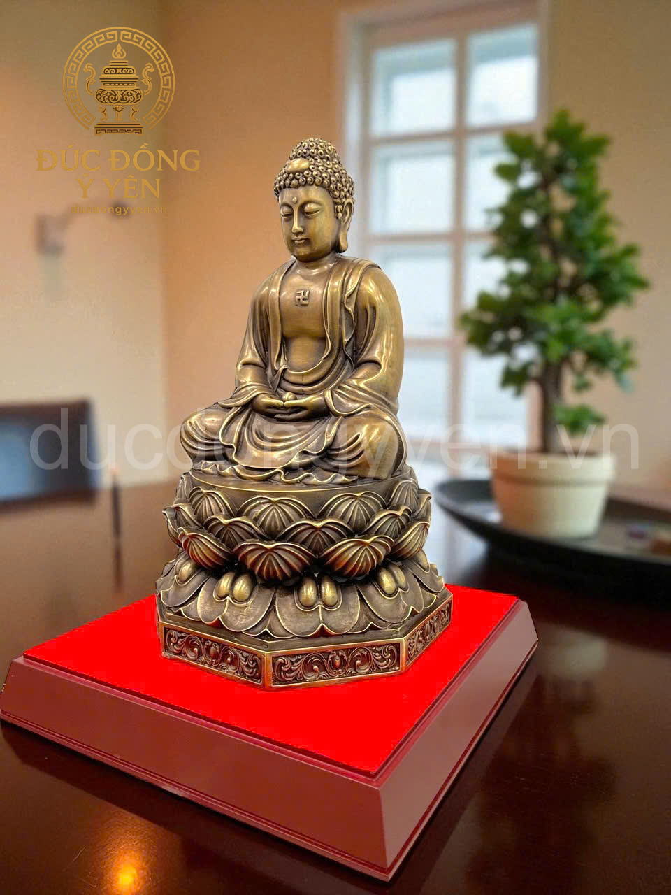 Tượng phật A Di Đà ngồi đài sen đúc đồng vàng làm màu giả cổ _thumbnail_3