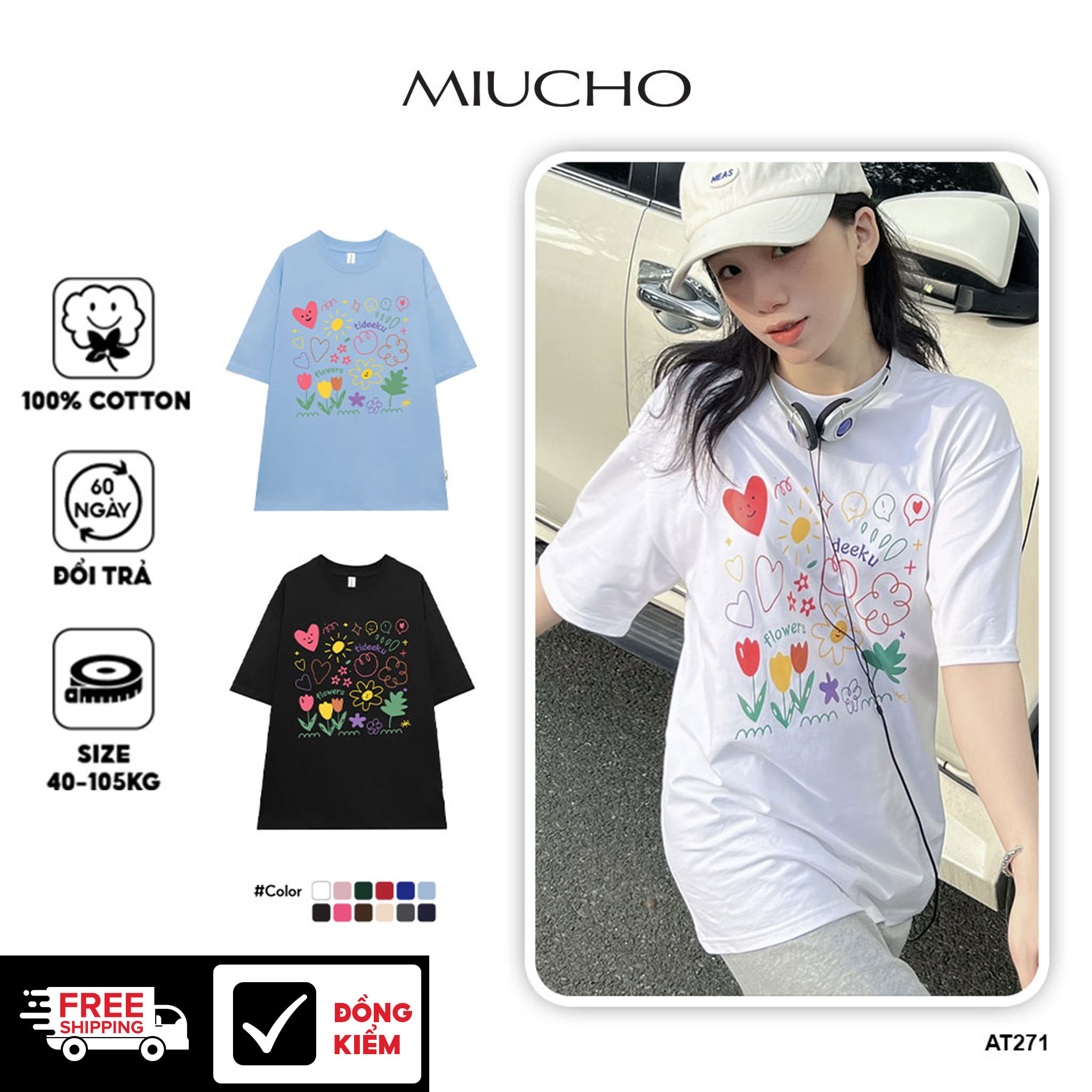 Áo thun trắng tay lỡ form rộng đẹp oversize chất vải cotton mềm mịn AT271 Miucho in graphic