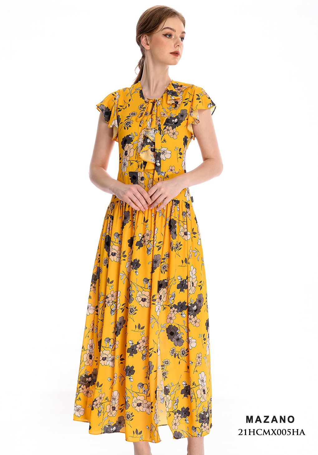 Đầm Maxi vải voan màu vàng in hoạ tiết thiết kế cách điệu_thumbnail_3