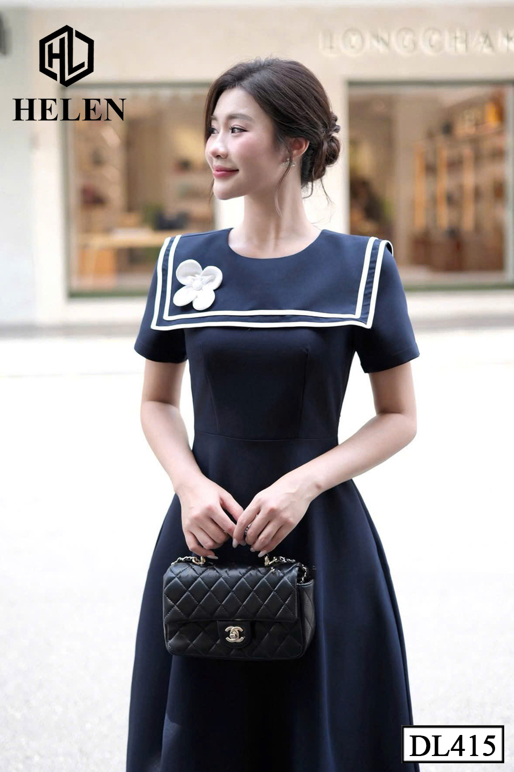 Đầm xòe xanh cổ vuông đính hoa DL415_thumbnail_2