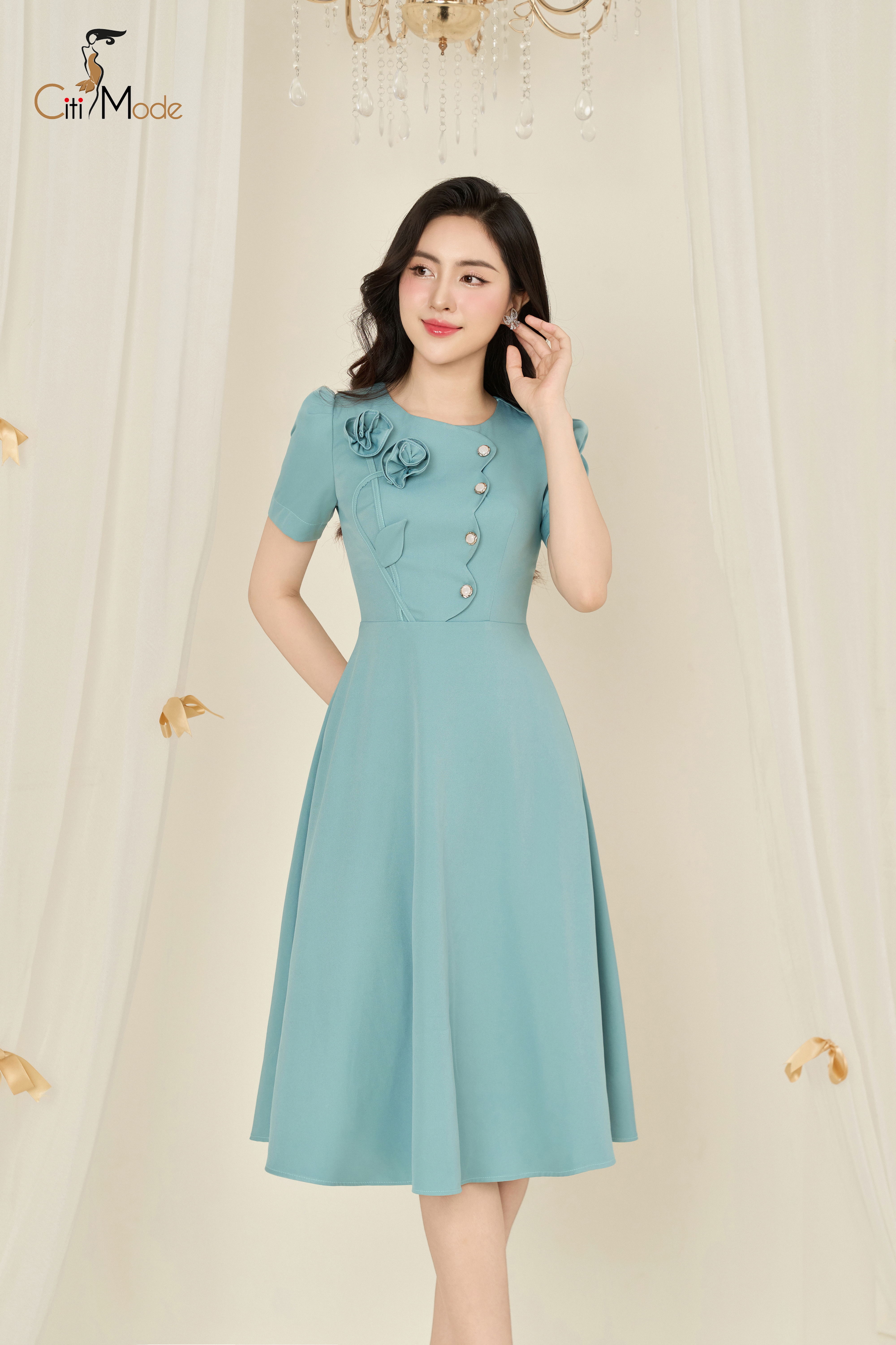 Đầm xoè xanh đính hoa ngực_thumbnail_0