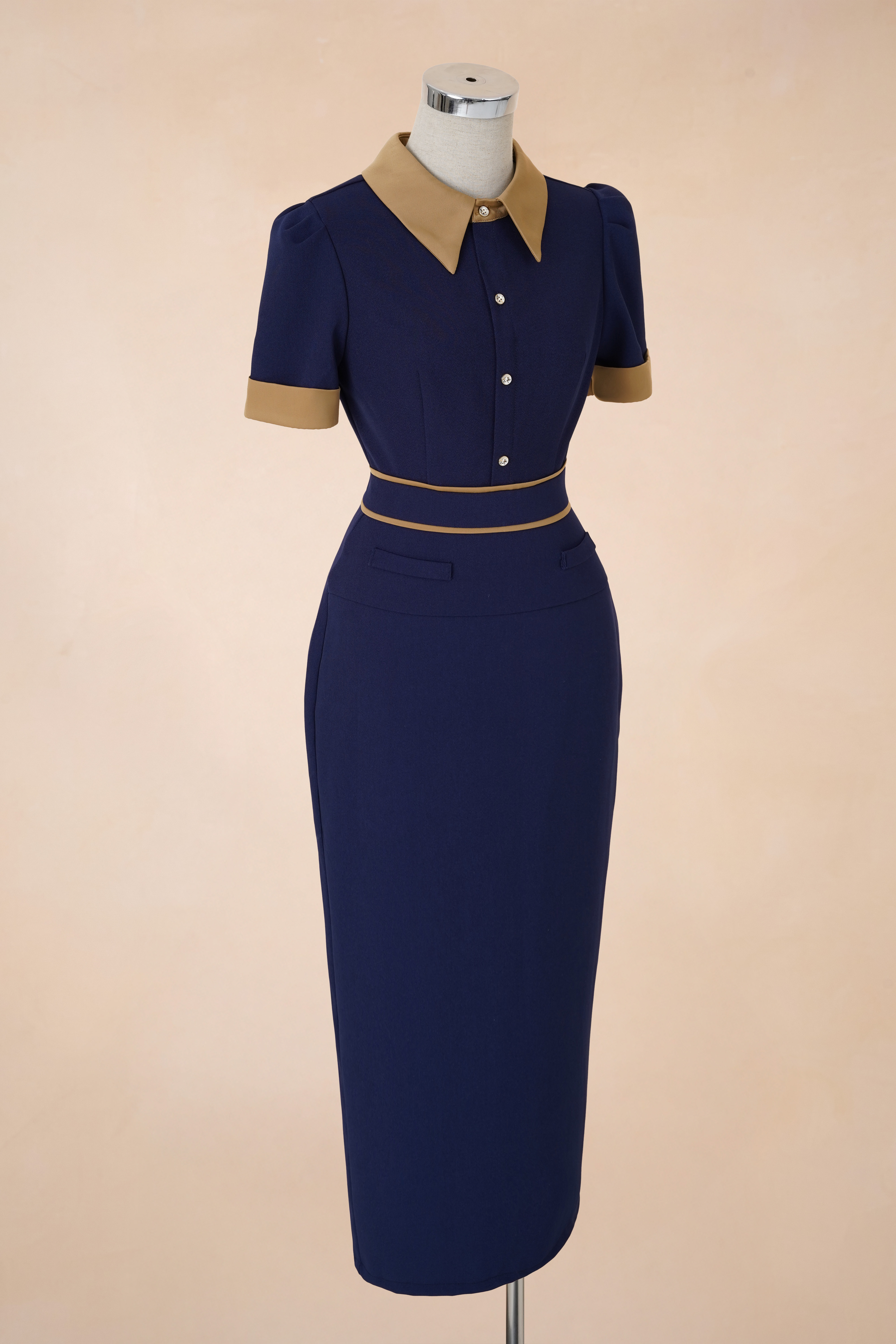 Đầm Bút Chì Viền Nâu Cúc Dọc