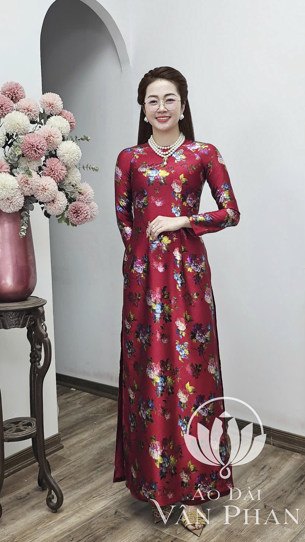 A3146 áo dài vải dubai đỏ hoa