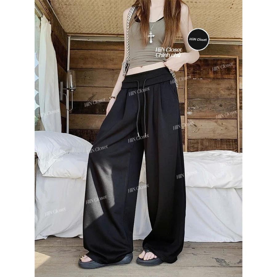 Quần Suông nữ ống rộng cạp cao bo chun - hack eo siu nhỏ - Quần suông nỉ 2 da xếp ly