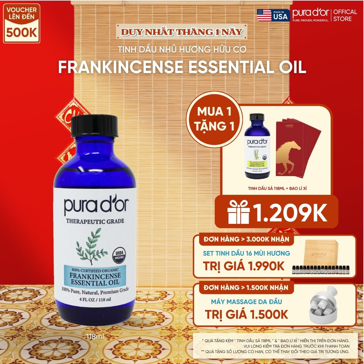 Tinh Dầu Nhũ Hương Hữu Cơ Pura D'or Therapeutic Grade Frankincense Essential Oil 118ml