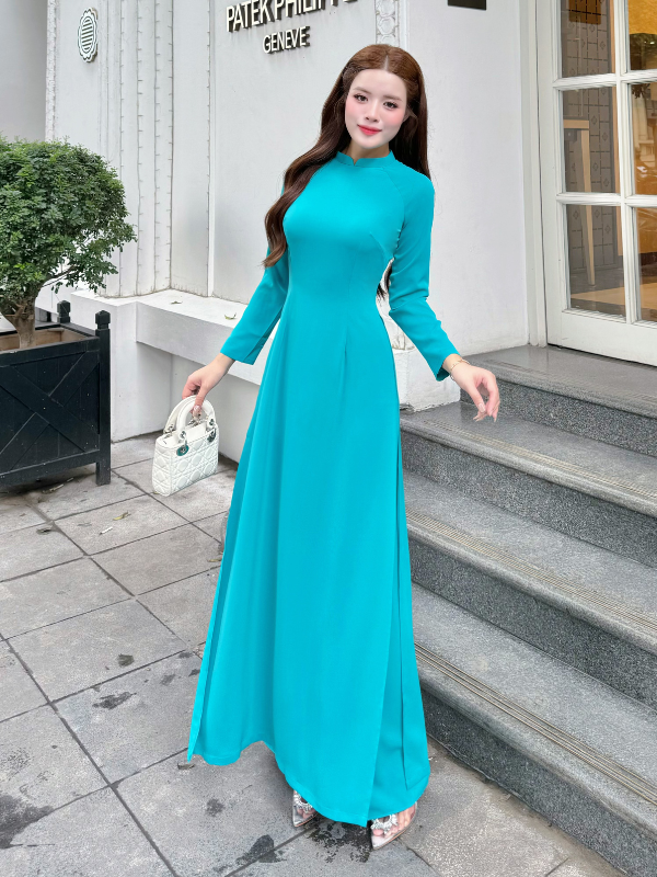 Áo dài lụa mỹ trơn Nhiều màu, cổ cao 2cm tay dài_thumbnail_2