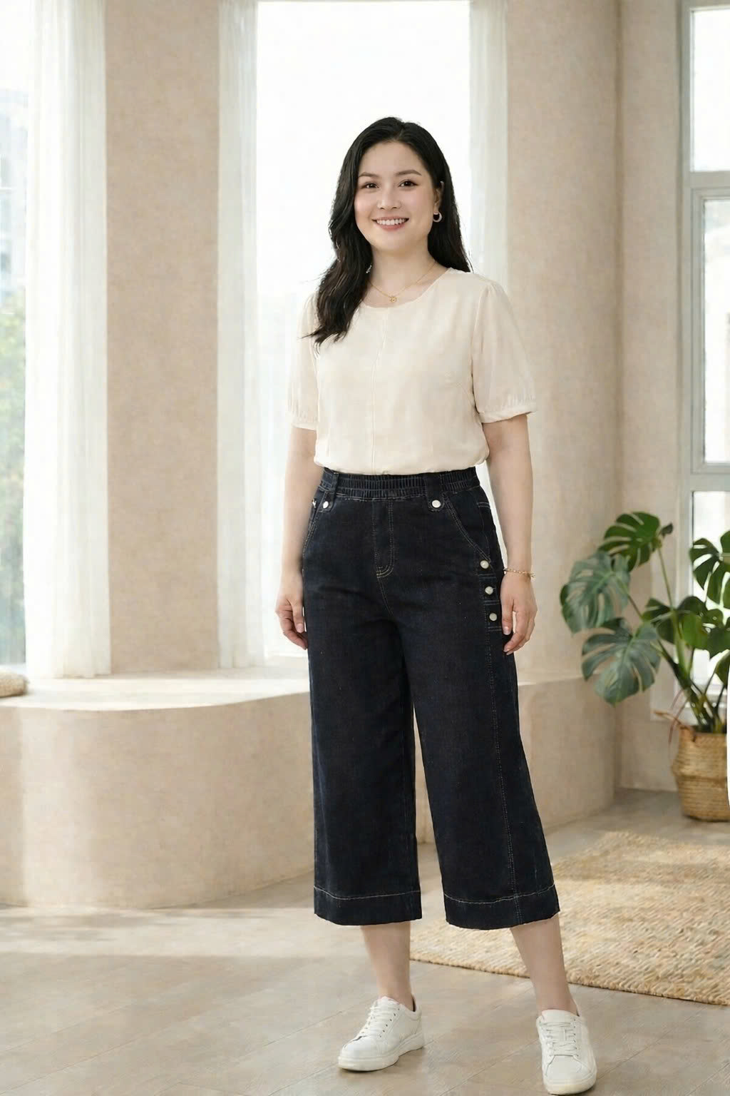 QJF227-Jeans Lửng Phối Cúc Thời Trang