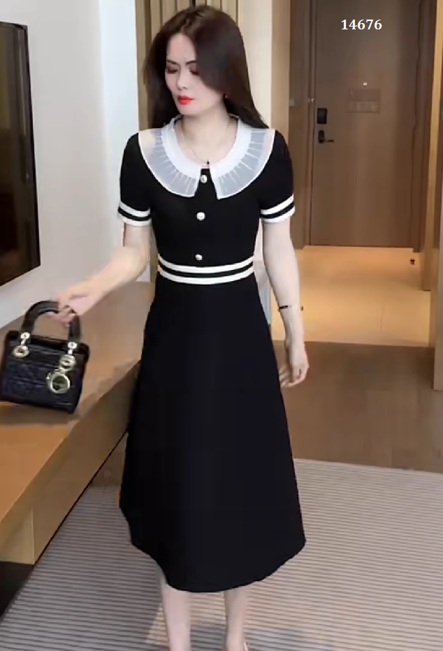 14676-Đầm xòe phối  bèo cổ  trắng cách điệu ( poly 2 da)_thumbnail_0