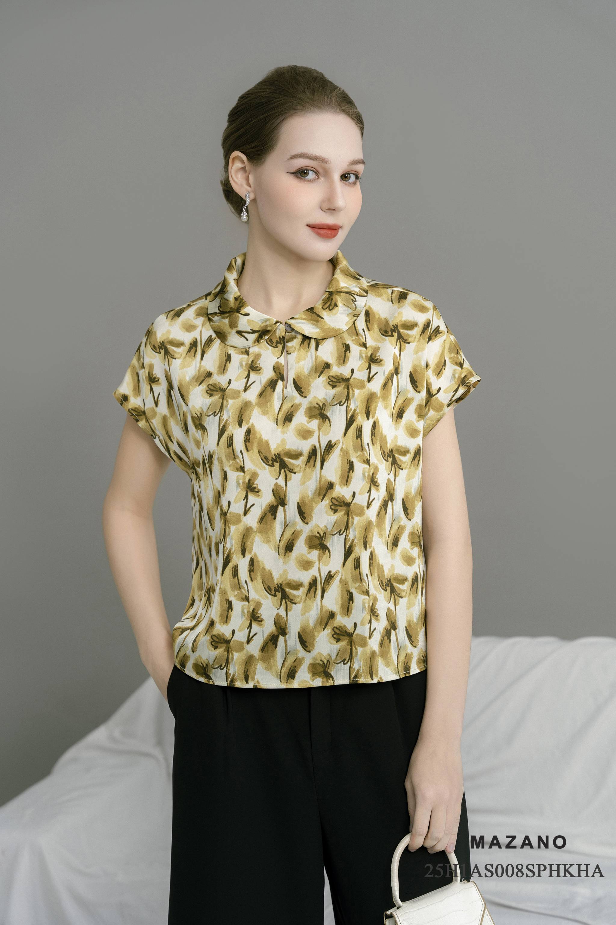 Áo suông cài khuy Vải Thô mỏng Họa Hoa rối  Cổ bẻ cách điệu tay ngắn Dài áo qua eo- Mã AS008CHHA