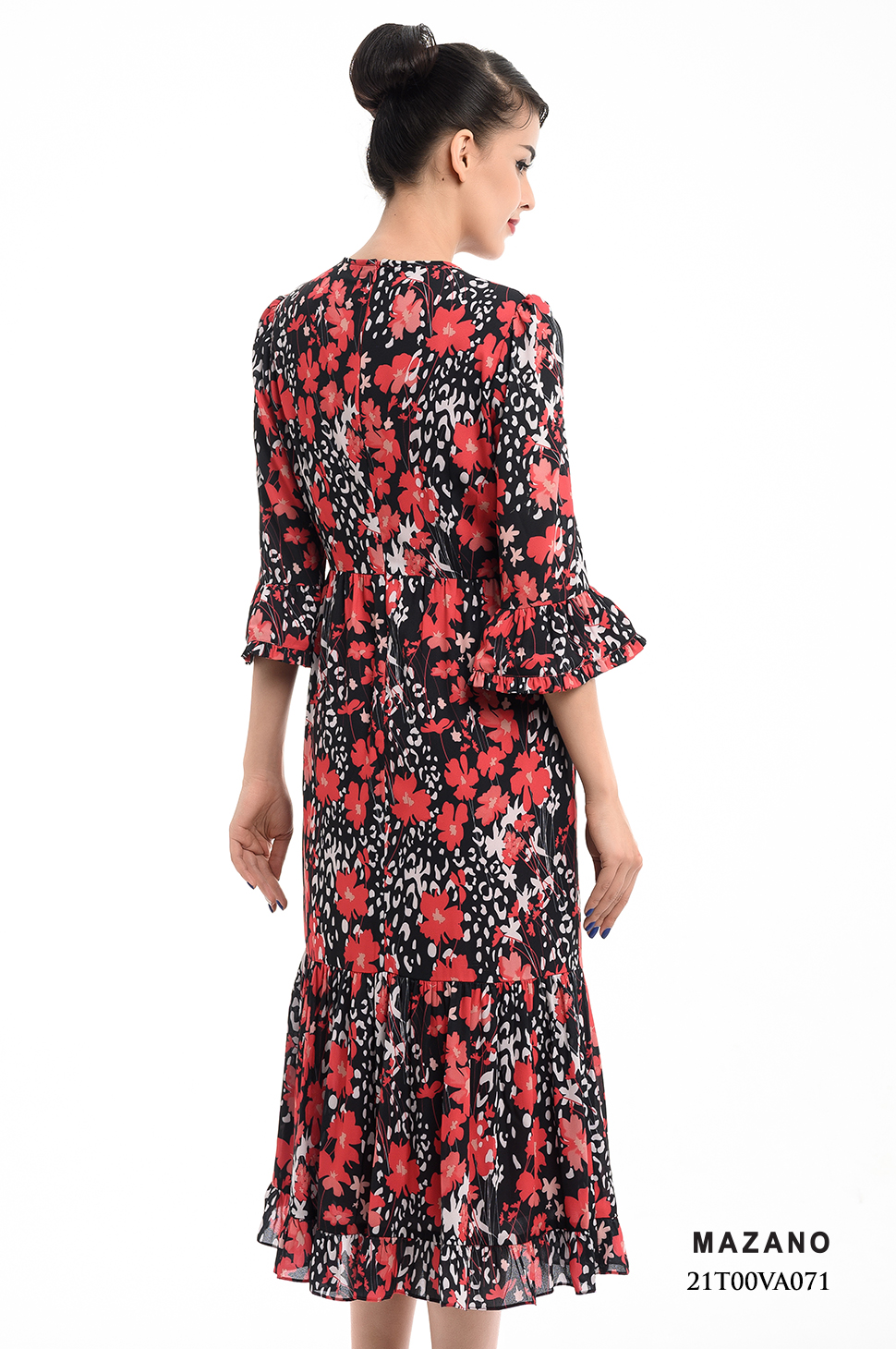 Đầm Chiffon Đỏ Họa Tiết Hoa Cách Điệu Phối Tay Bèo_thumbnail_2