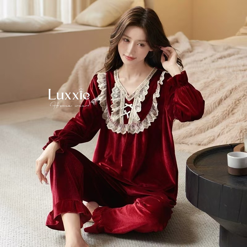 NHUNG34 Bộ ngủ nhung cổ ren trắng đính nơ_thumbnail_12