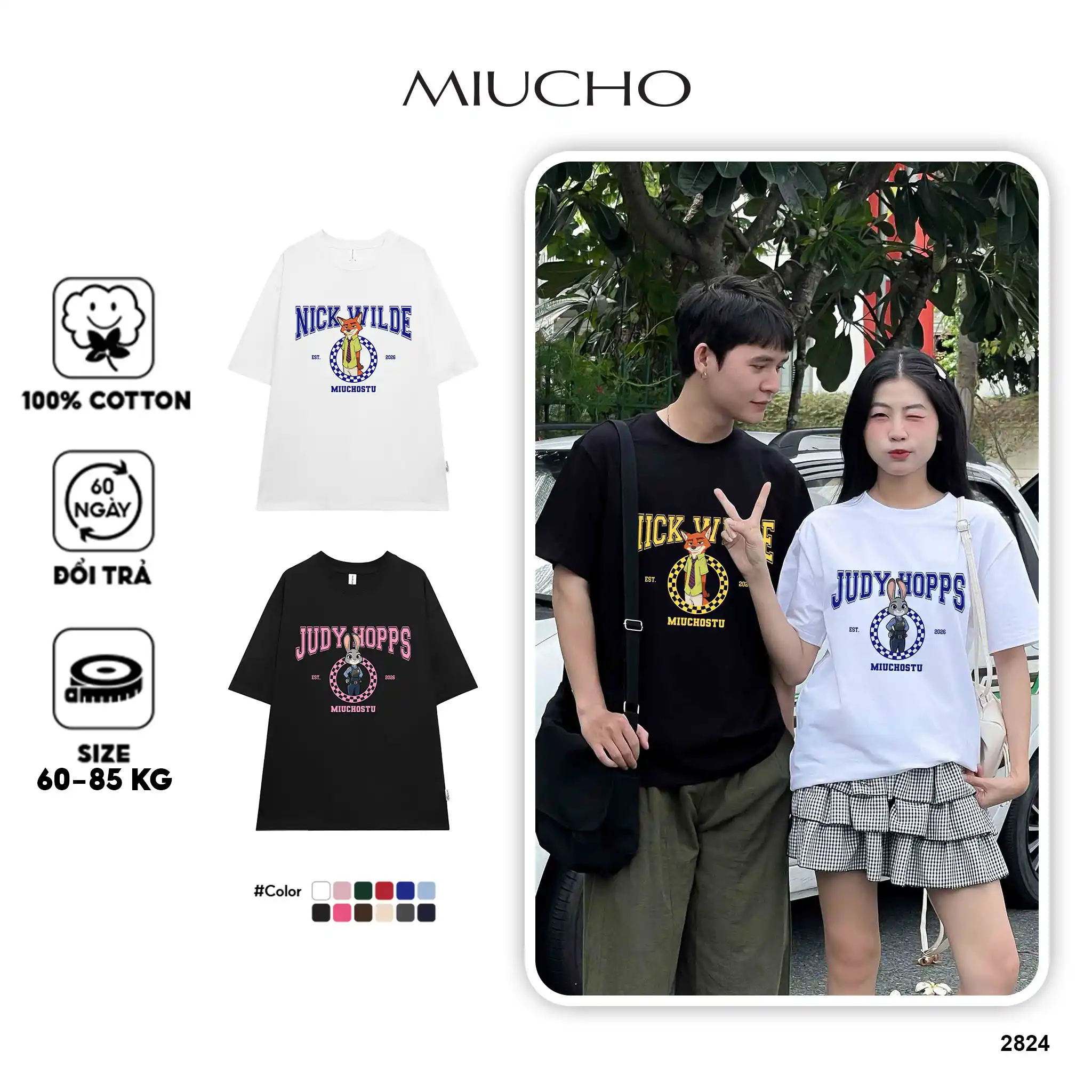 Áo thun cặp đôi form oversize Miucho vải cotton co giãn 2 chiều thoáng mát Nick Wilde in mix 2825