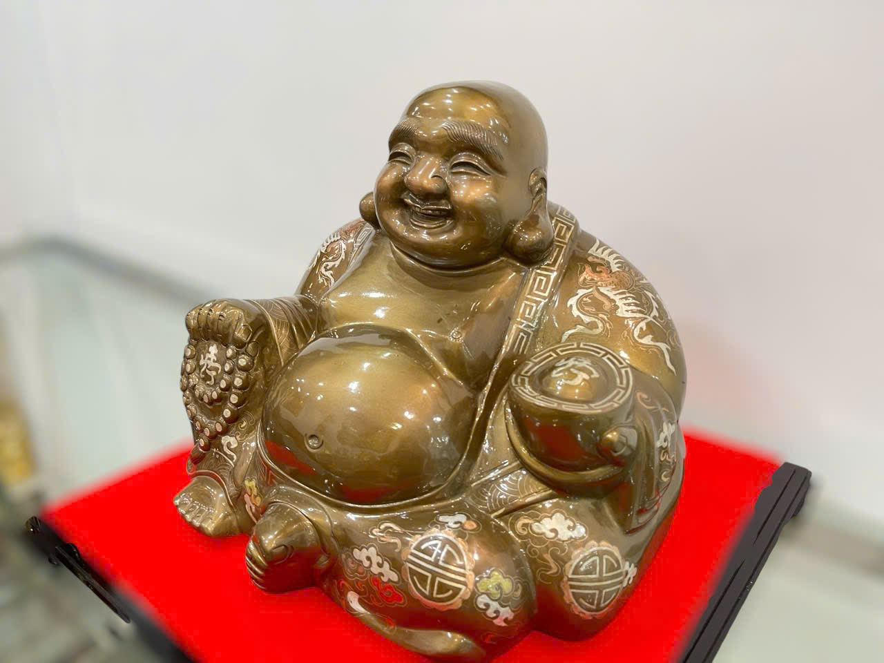 Tượng phật di lặc đồng đỏ khảm tam khí cao 30 cm_thumbnail_2
