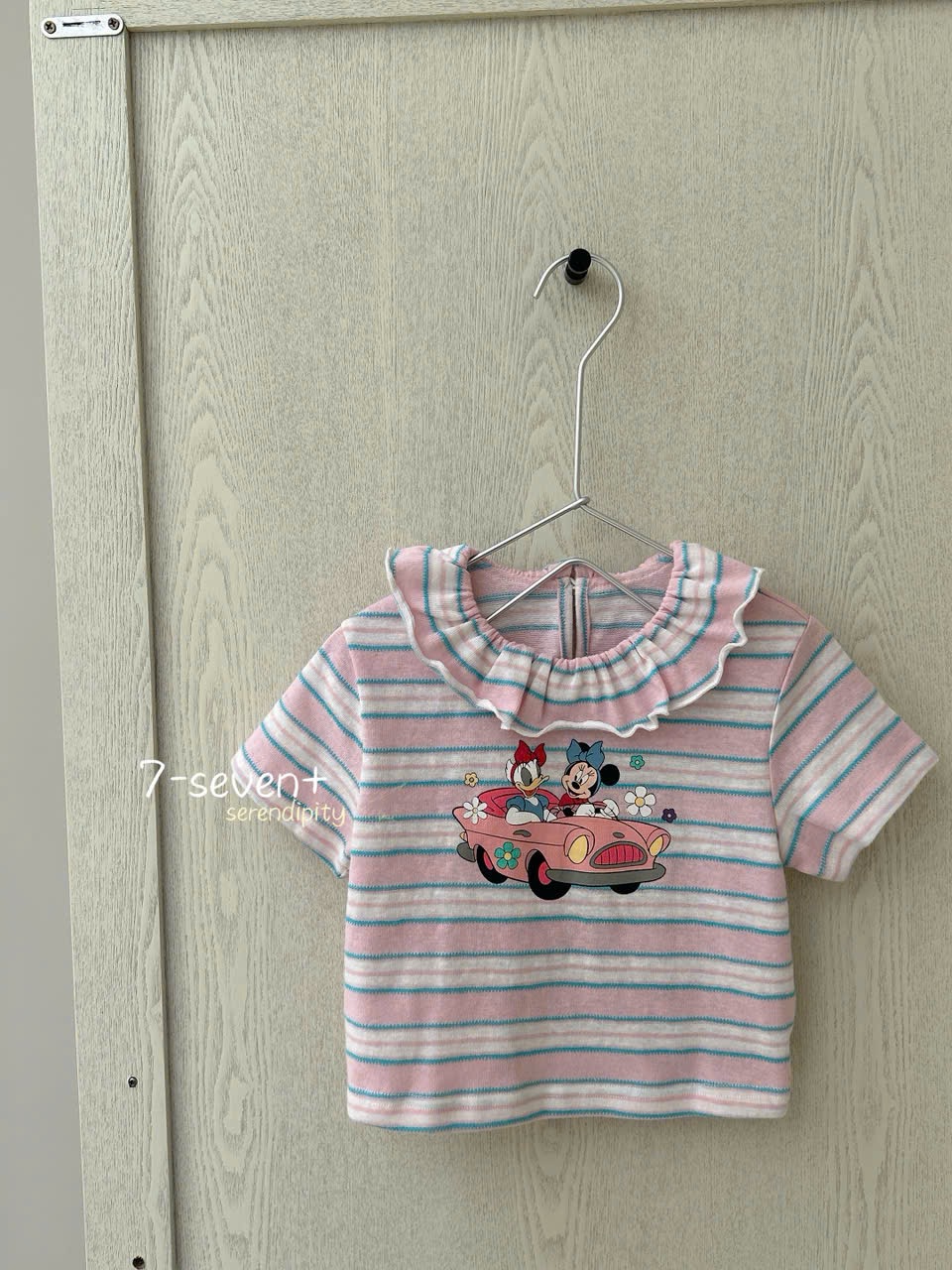(H131) Áo thun cộc tay kẻ xanh hồng cổ bèo Mickey hãng Seven