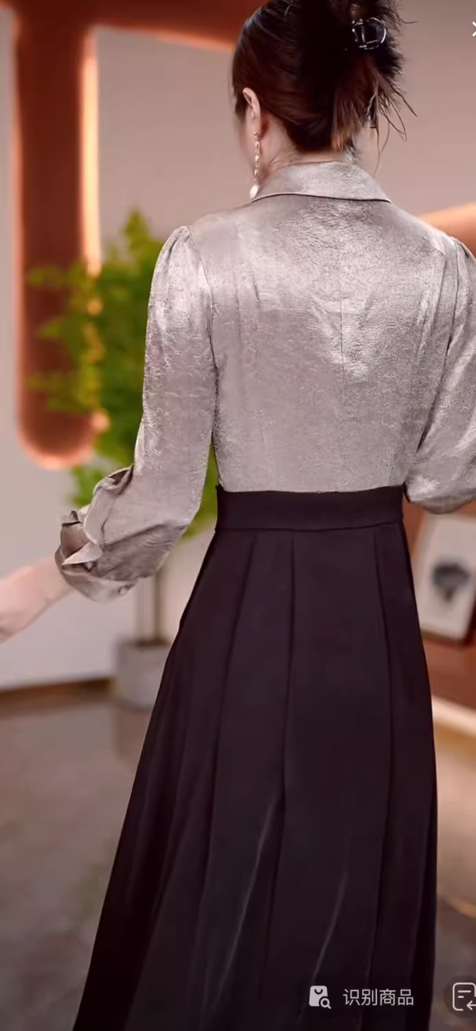 15344-Đầm xòe  A tay dài  phối hai màu  xám  đen (  lụa vân gấm,  chéo nhật)_thumbnail_1