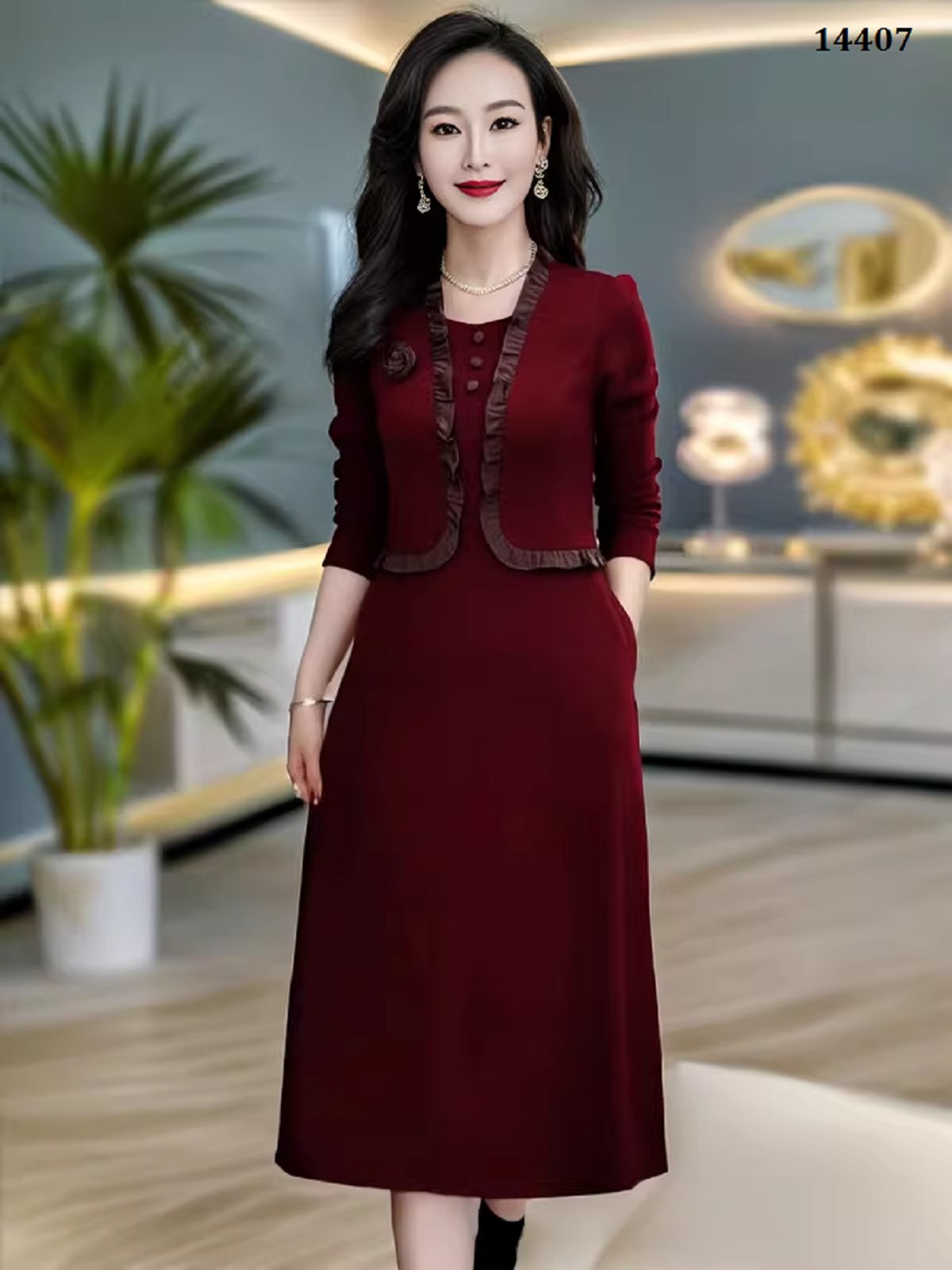 14407-Đầm đỏ xòe công sở tay dài phối kiểu áo giả rời (thun mịn)_thumbnail_1