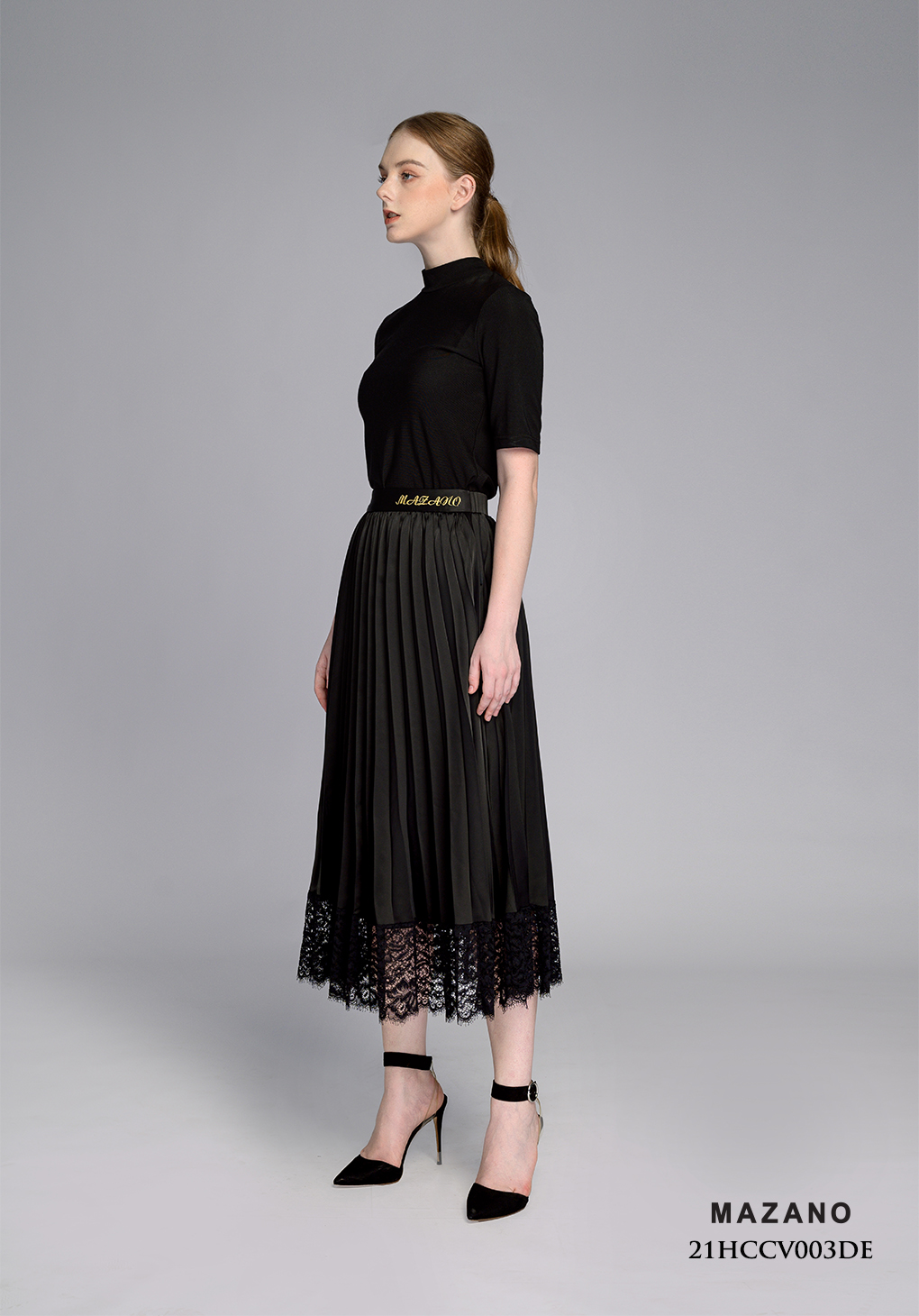 Chân váy xoè vải lụa phối gấu chân ren