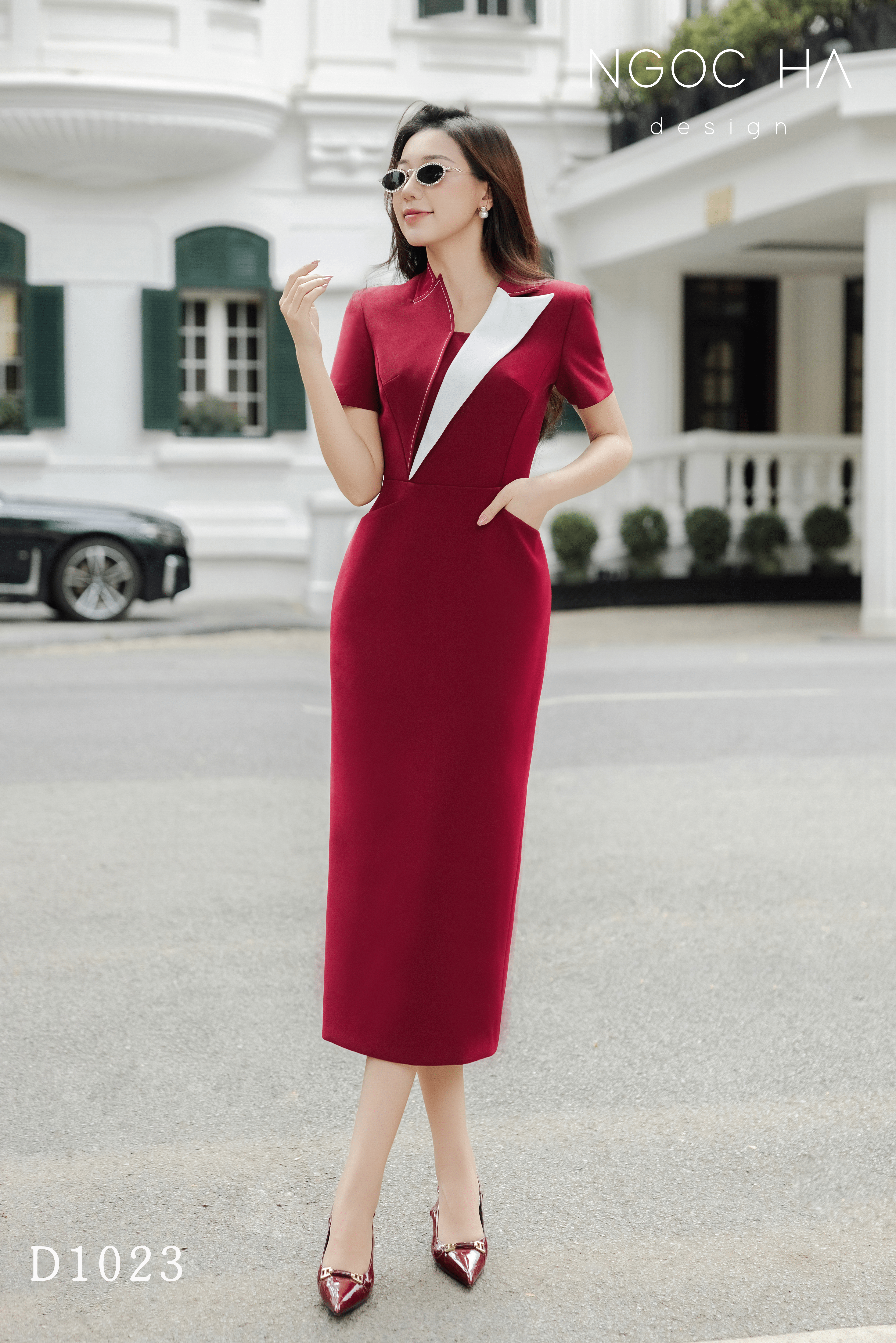 Aveline Dress_ Đầm Bút Chì Đỏ Cổ Vest Mix Trắng D1023