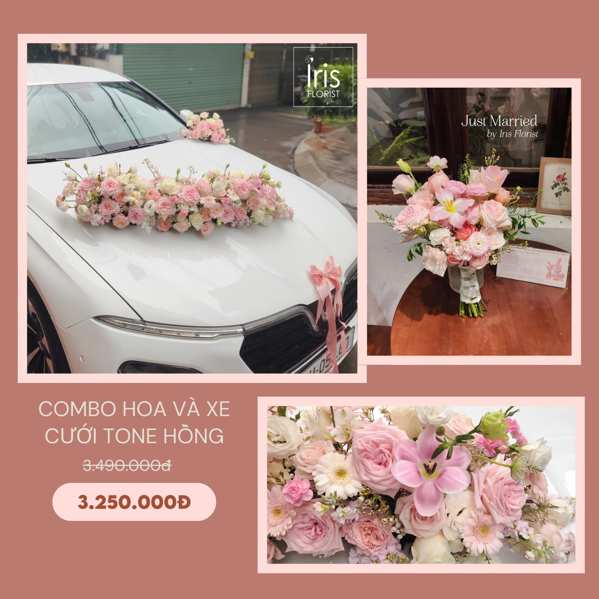 Combo hoa và xe cưới Tone Hồng