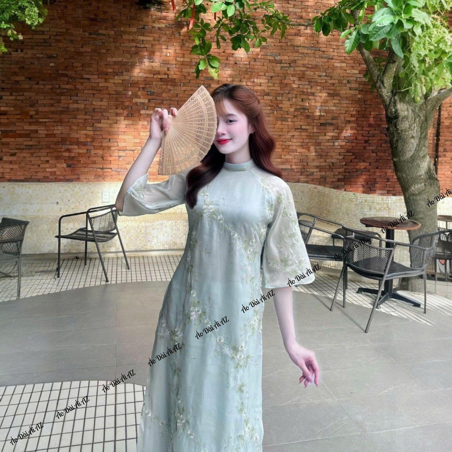 Áo Dài Cách Tân Nữ Dáng Suông 4 Tà Tay Ngắn Voan Thêu Mặc Tết Chụp Ảnh MM03_thumbnail_2