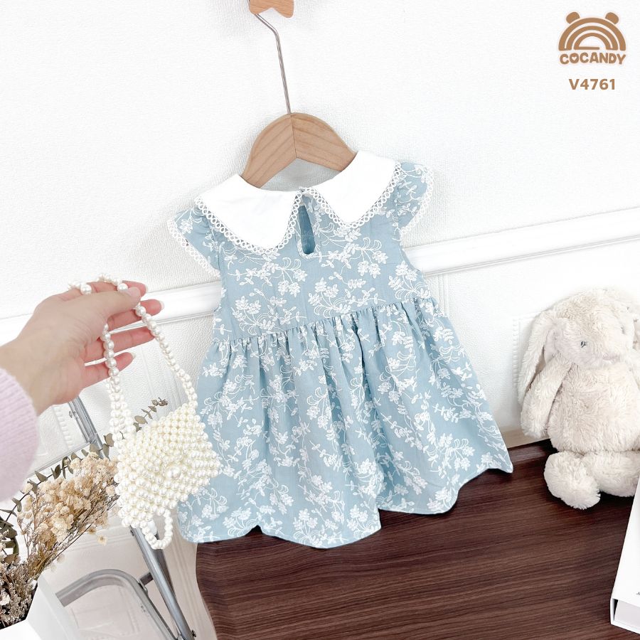 Váy hoa XANH TRẮNG cổ sen phối ren 2 nơ eo_thumbnail_1