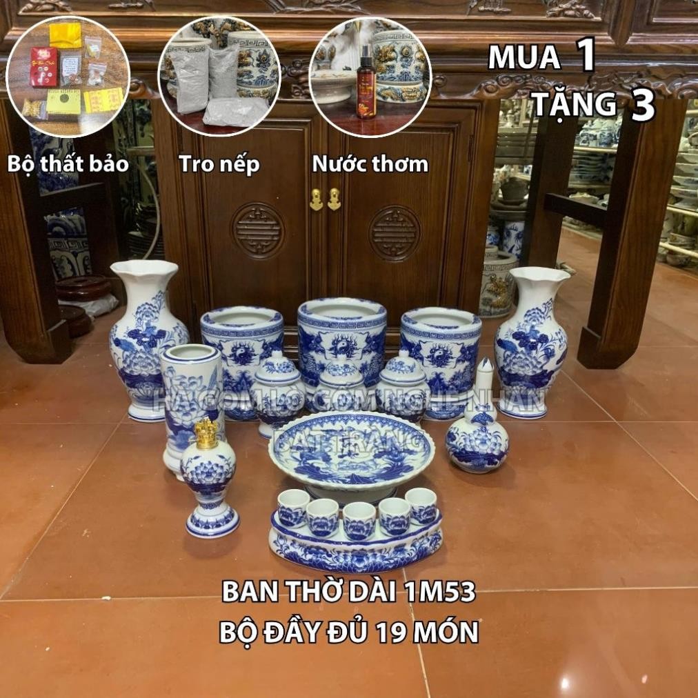 HG344 Đồ Thờ Cúng Bộ 19 món ban thờ 1M53 men lam nghệ nhân Bát Tràng chế tác TẶNG Thất Bảo, Tro Nếp