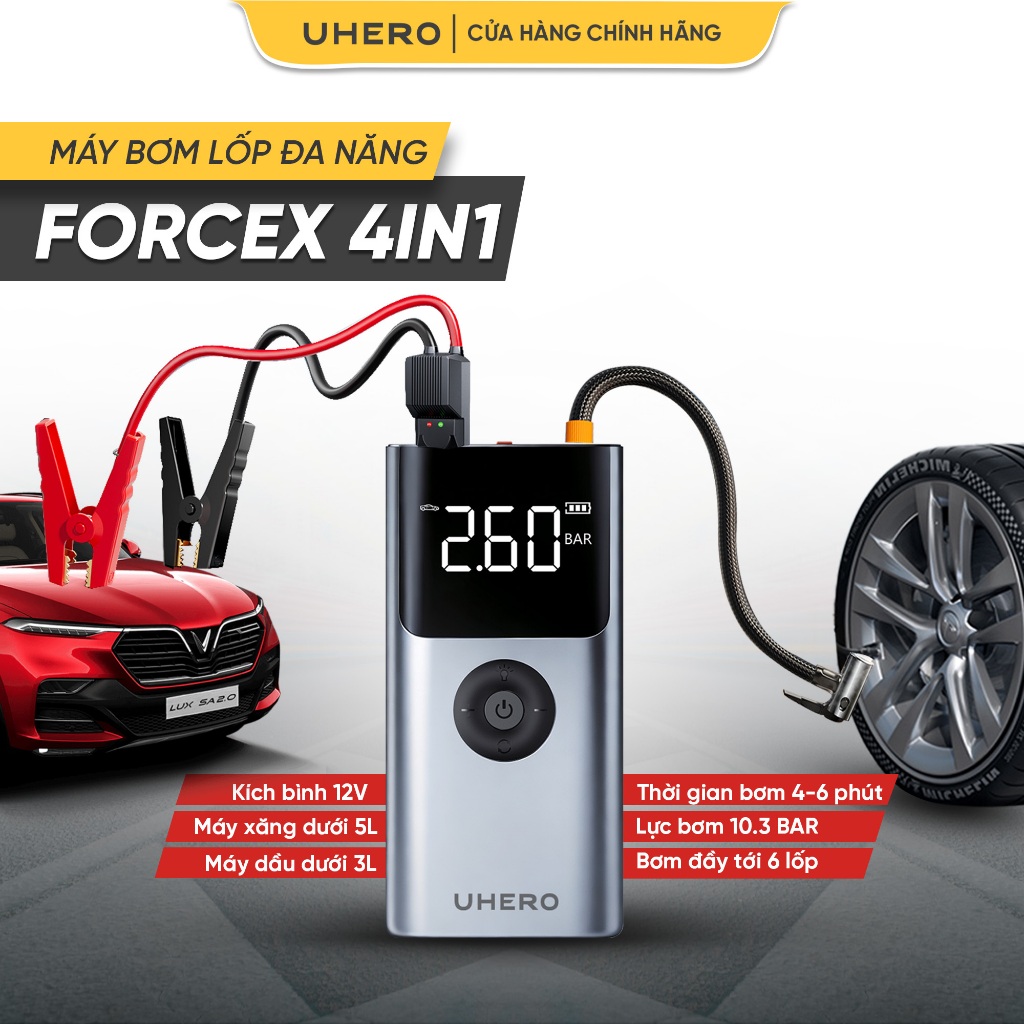 UHERO Bơm lốp kích bình ô tô 4in1 ForceX kèm sạc dự phòng, đèn chiếu sáng, thiết kế mới 2024, bảo hành 12 tháng