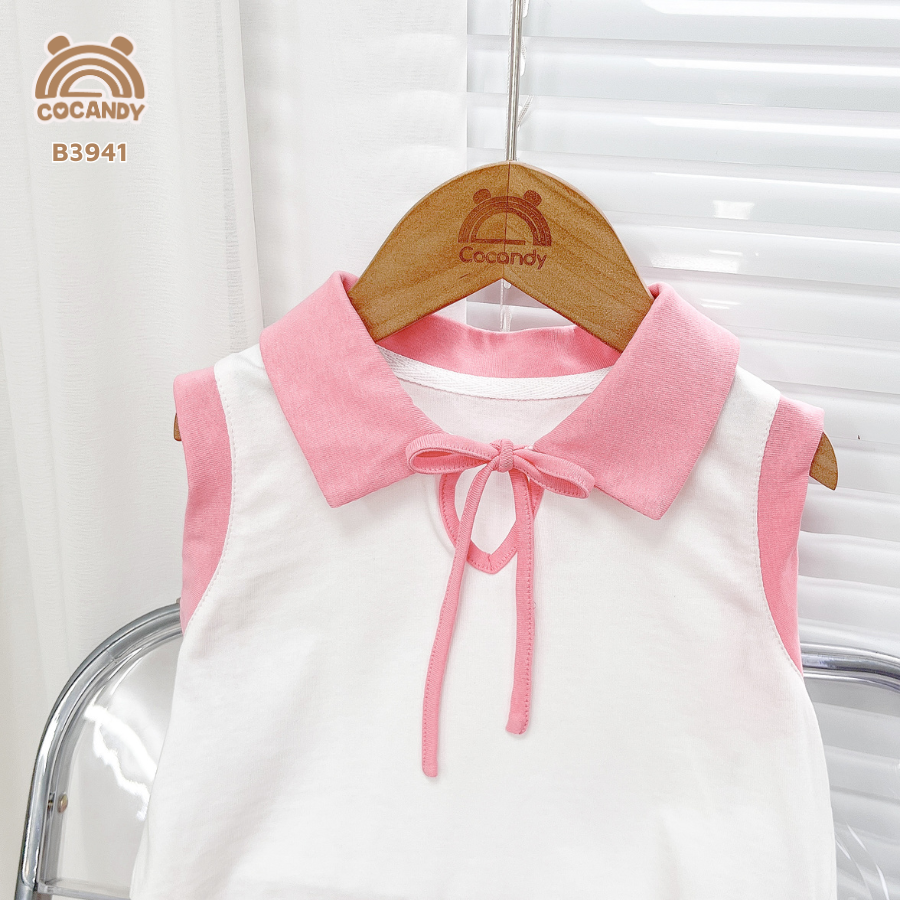 Bộ cộc ba lỗ HỒNG TRẮNG cổ V thắt nơ_thumbnail_2