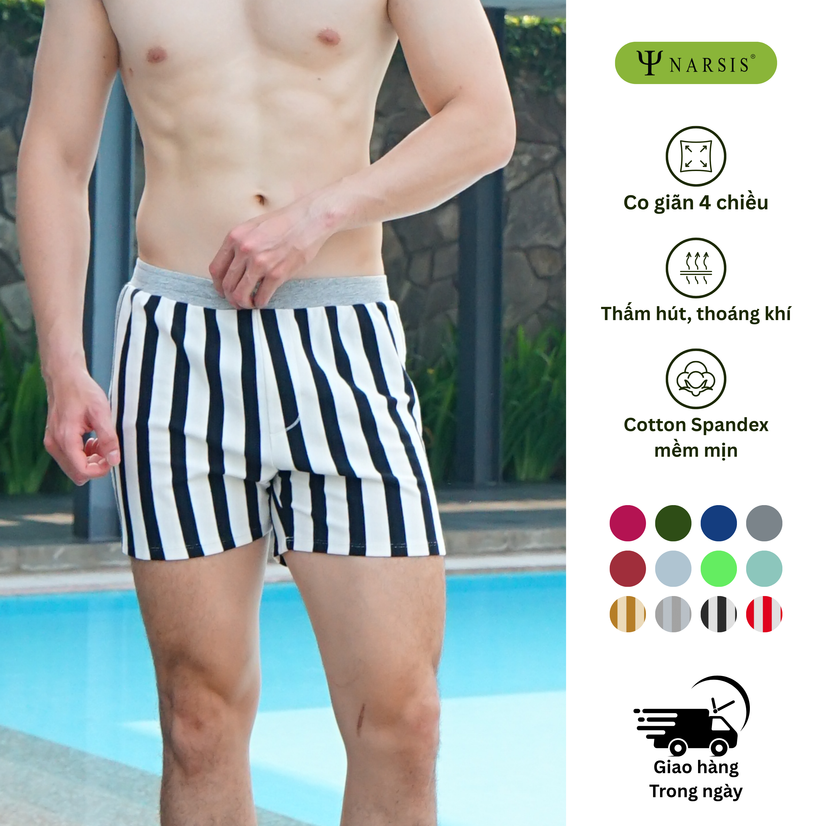 Quần đùi nam big size Narsis S25017 chất Cotton Spandex màu Kẻ ghi đen to, thiết kế thoáng khí, phù hợp mùa hè_thumbnail_0