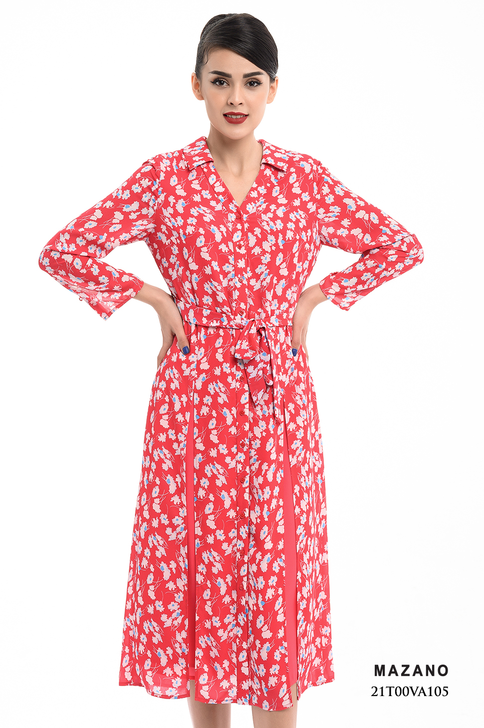 Đầm sơ mi họa tiết nền đỏ xẻ thân thắt đai_thumbnail_1