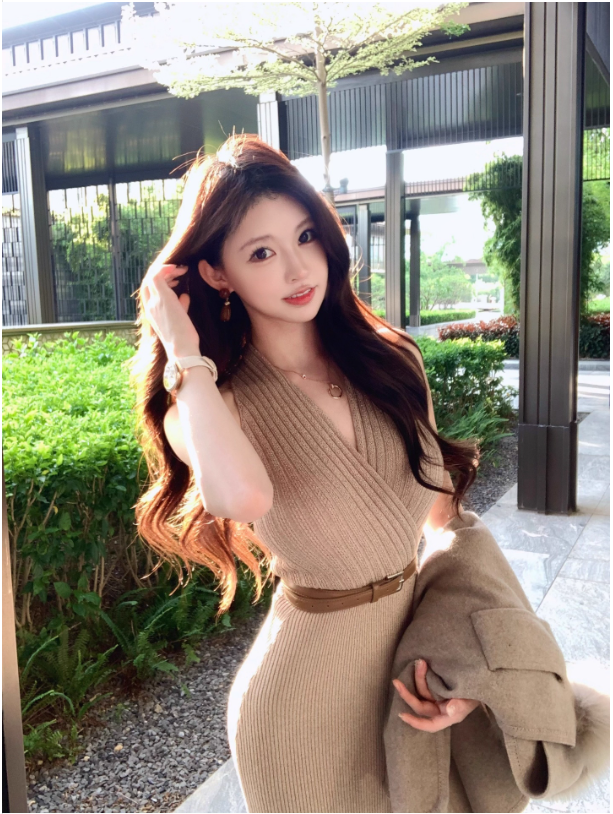Áo Choàng & Đầm Len Dệt Kim Màu Kaki Phong Cách Pháp_thumbnail_6