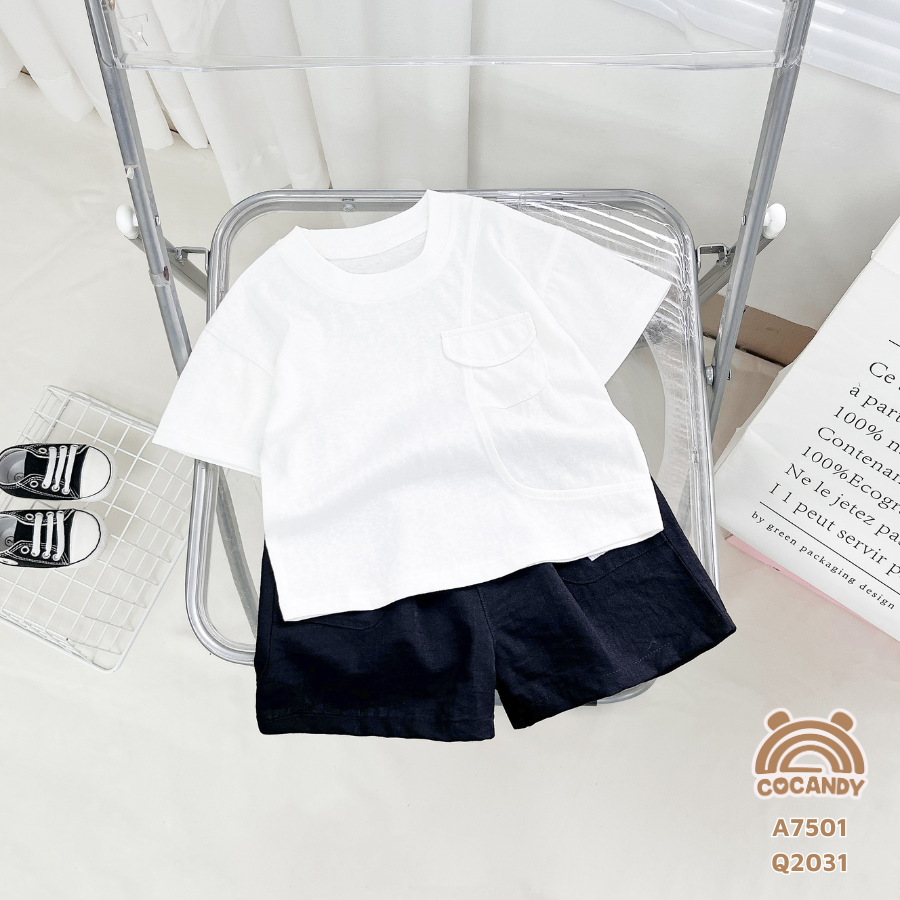 Áo cộc TRẮNG phối đáp sườn túi ngực có nắp