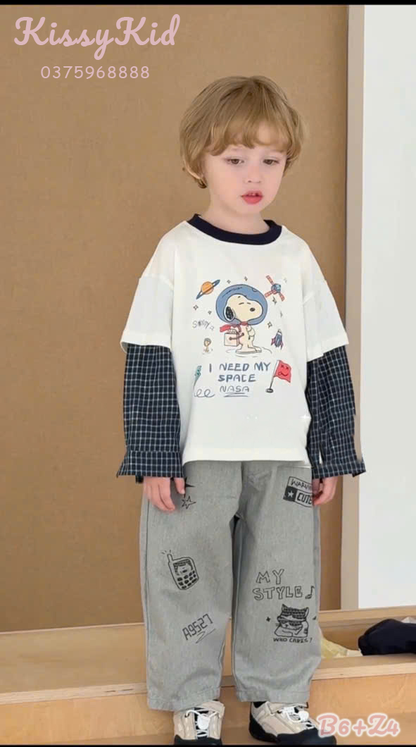 (Z4) Quần bò xám xi măng in hoạ tiết bé trai