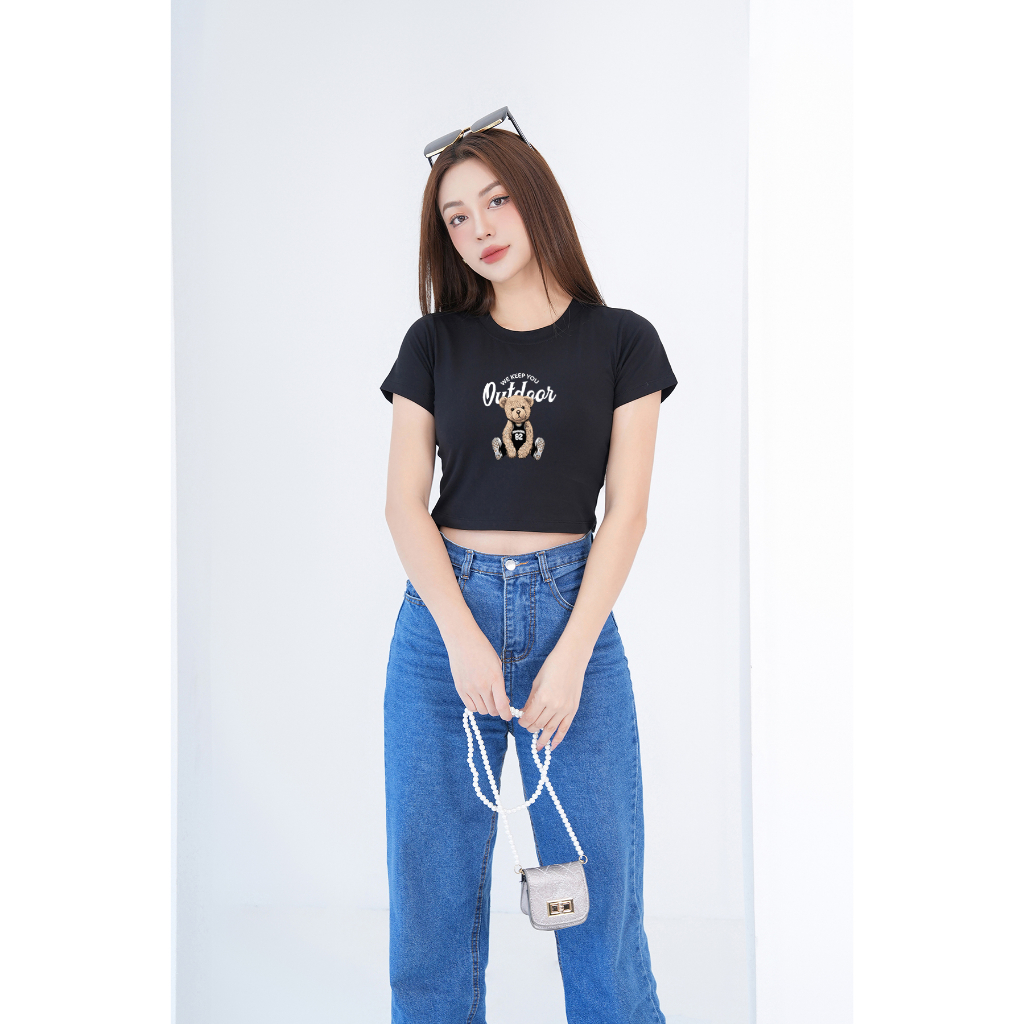 [Form Ôm] Áo croptop ôm in hình gấu Outdoor - Áo laptop kiểu thời trang chất Cotton LOZA CR6386_thumbnail_2