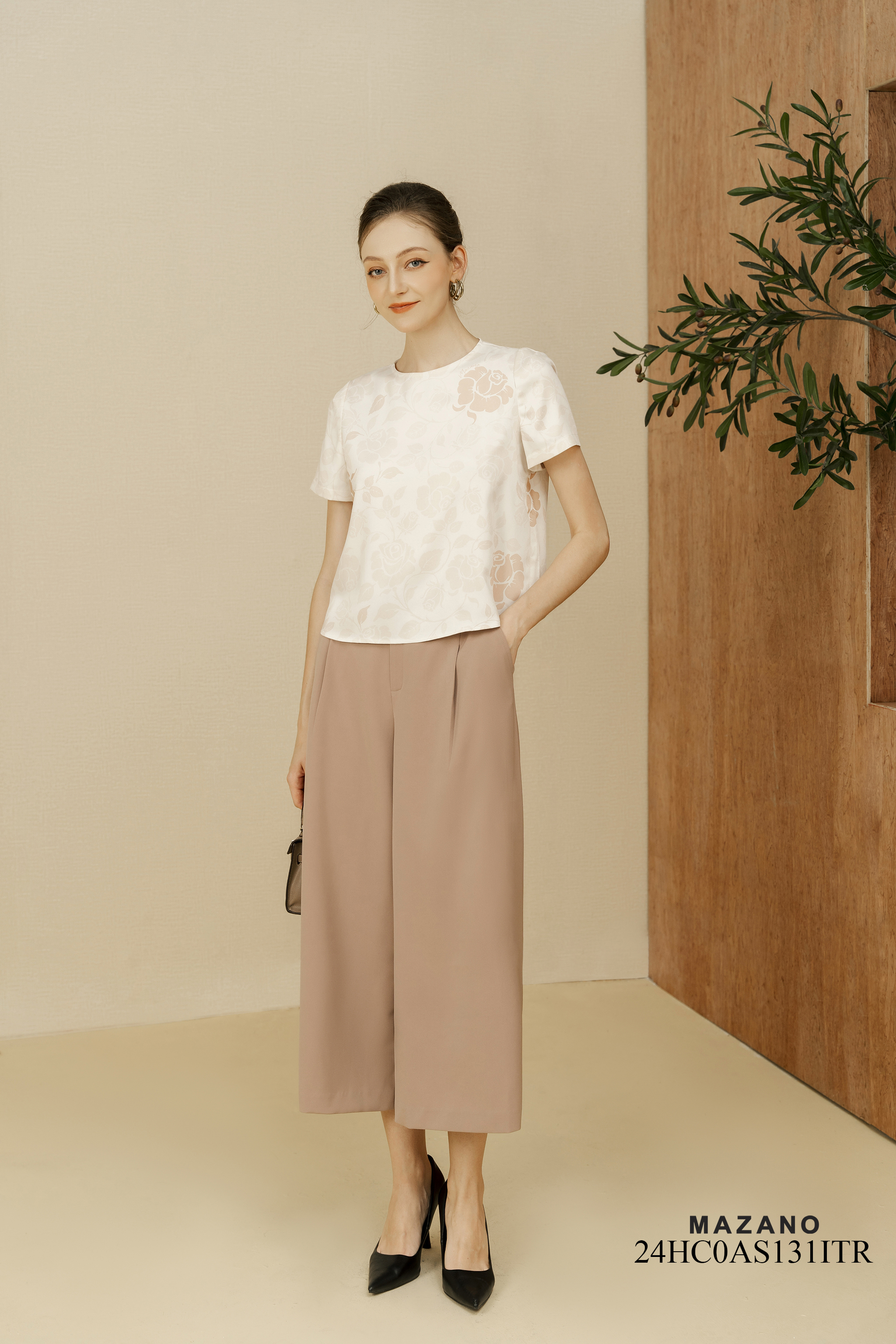 Áo Top ngắn chui đầu Suông Vải thô lụa Họa tiết hoa hồng in chìm Cổ tròn Tay ngắn Dài dưới eo_thumbnail_2