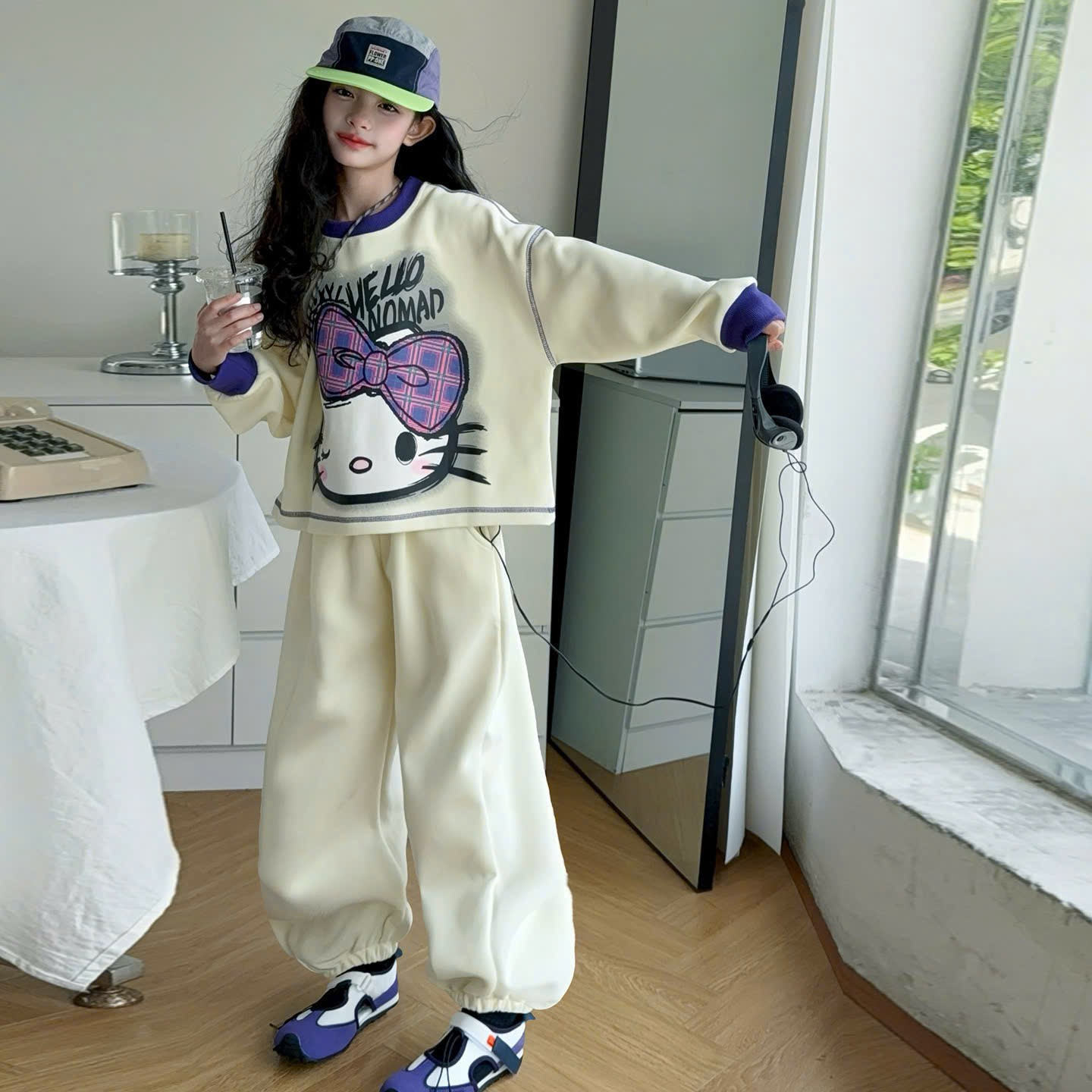 [J4] Bộ nỉ mèo nơ Teno bé gái