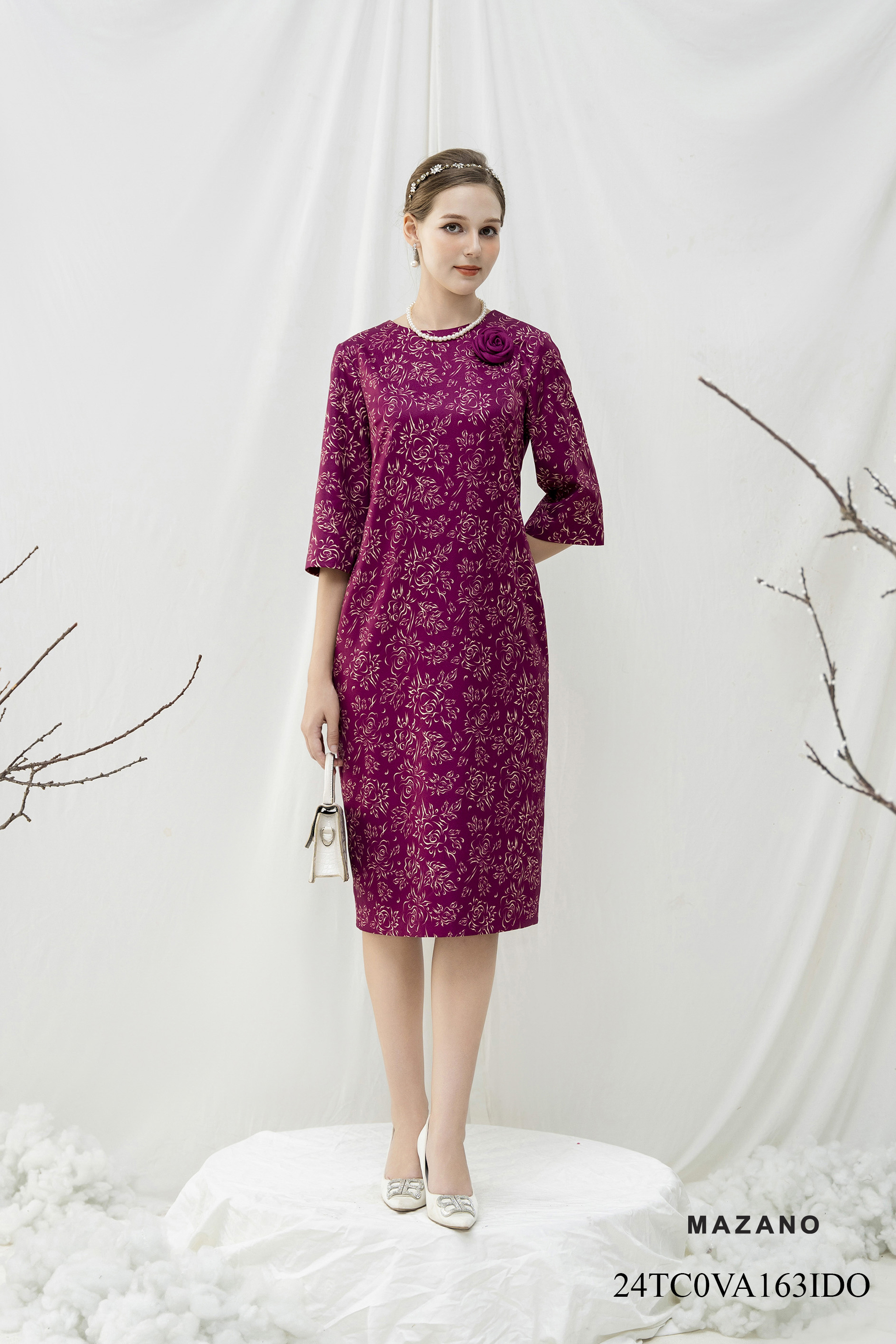 Váy Đầm Suông Vải thô mỏng Hoạ tiết hoa in hoa   Cổ tròn Tay lỡ Dài đến bắp chân VA163IDO_thumbnail_0