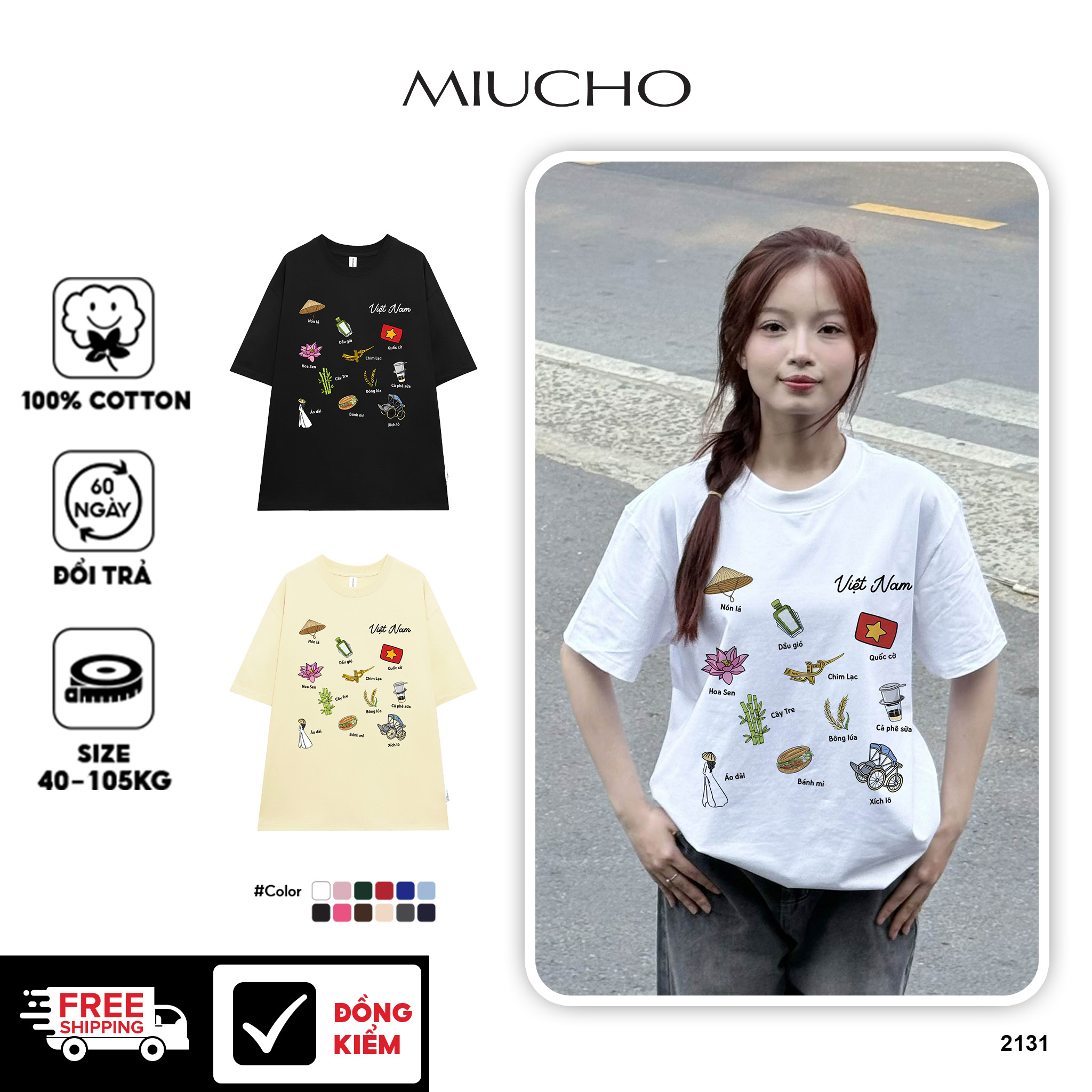 Áo thun nữ form rộng Việt Nam tôi yêu 2131 Miucho cổ tròn vải cotton 4c 220gsm thoáng mát in mix