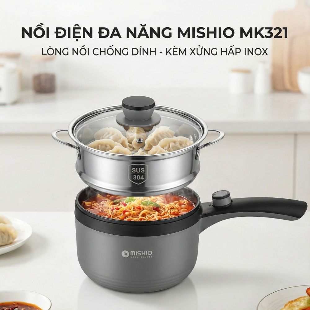 Nồi nấu đa năng Mishio MK321 | Dung tích 1.5L kèm xửng hấp inox 304