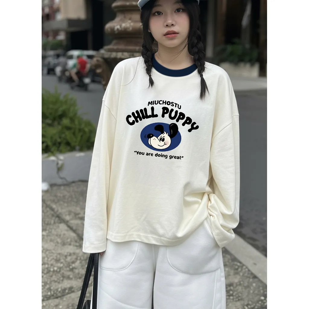 Áo thun tay dài form boxy Miucho vải thoáng mát phối cổ in mix tôn dáng Chill Puppy 2810_thumbnail_5