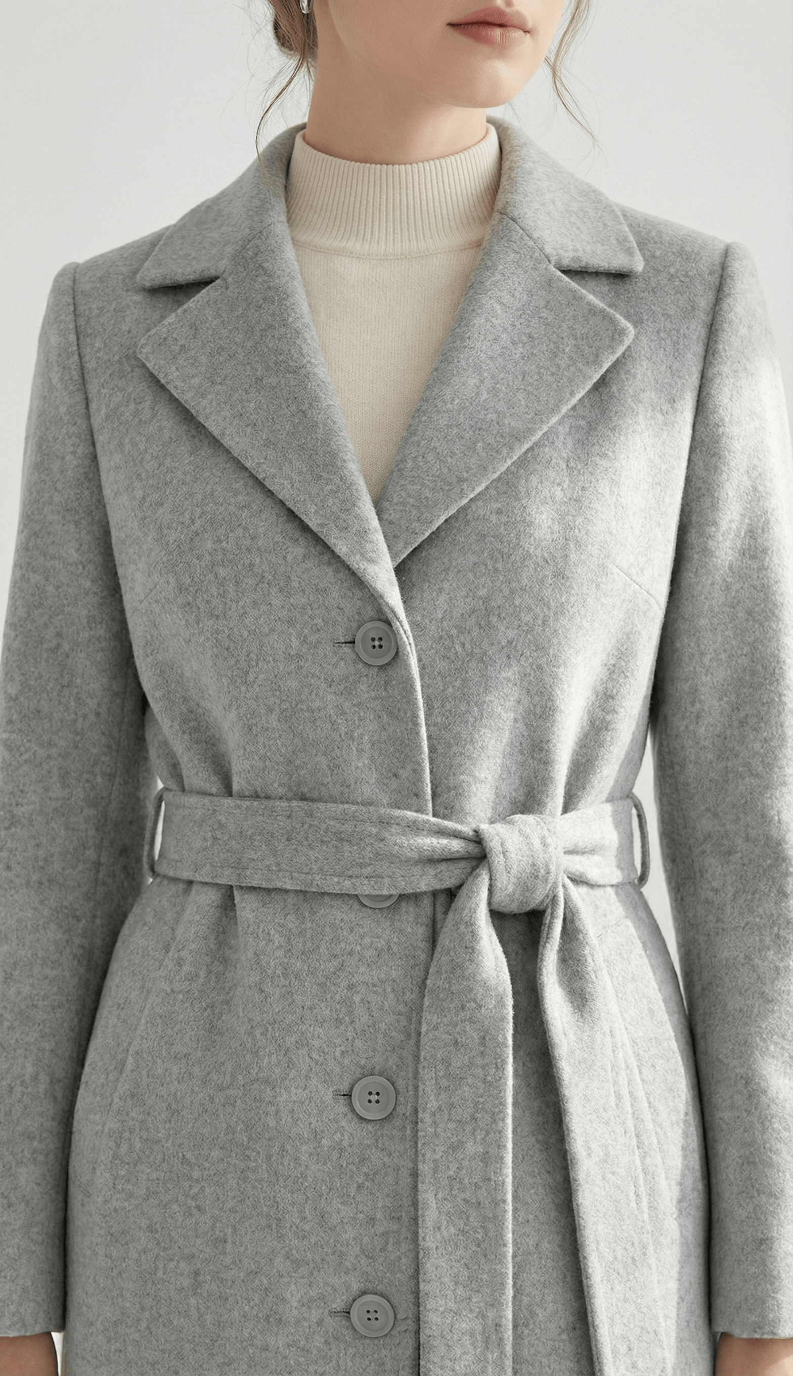 Áo măng tô thắt đai Vải dạ lông cừu Cổ bẻ 2 ve Cài khuy Dài trên bắp chân_thumbnail_4