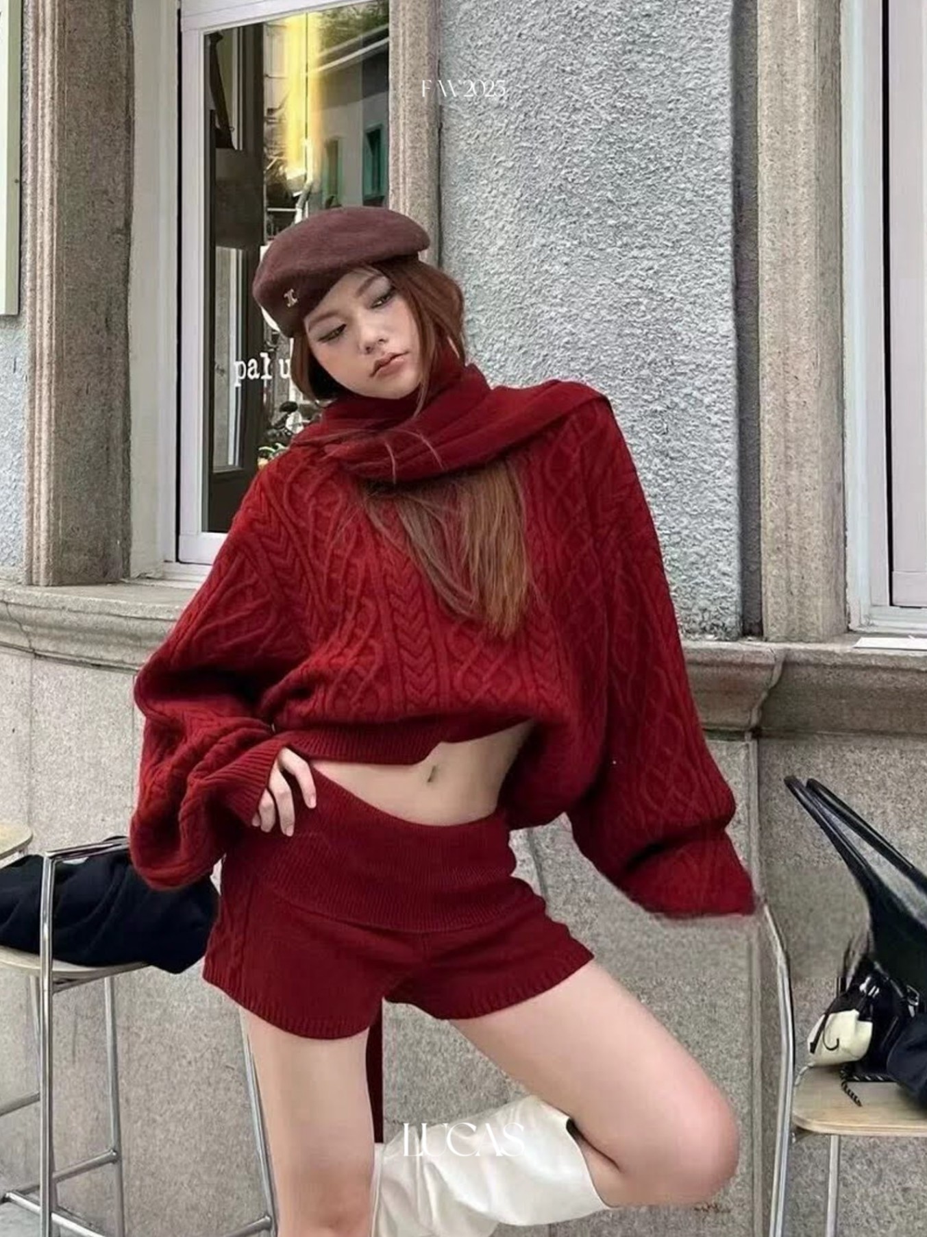 Lucas - Set áo len vặn thừng tay phồng rộng + khăn len + quần sóc