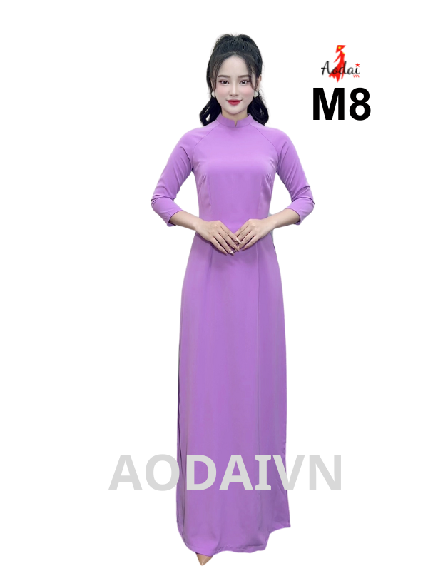 M8 Áo dài lụa Mỹ màu tím cà cổ cao 2cm tay lỡ