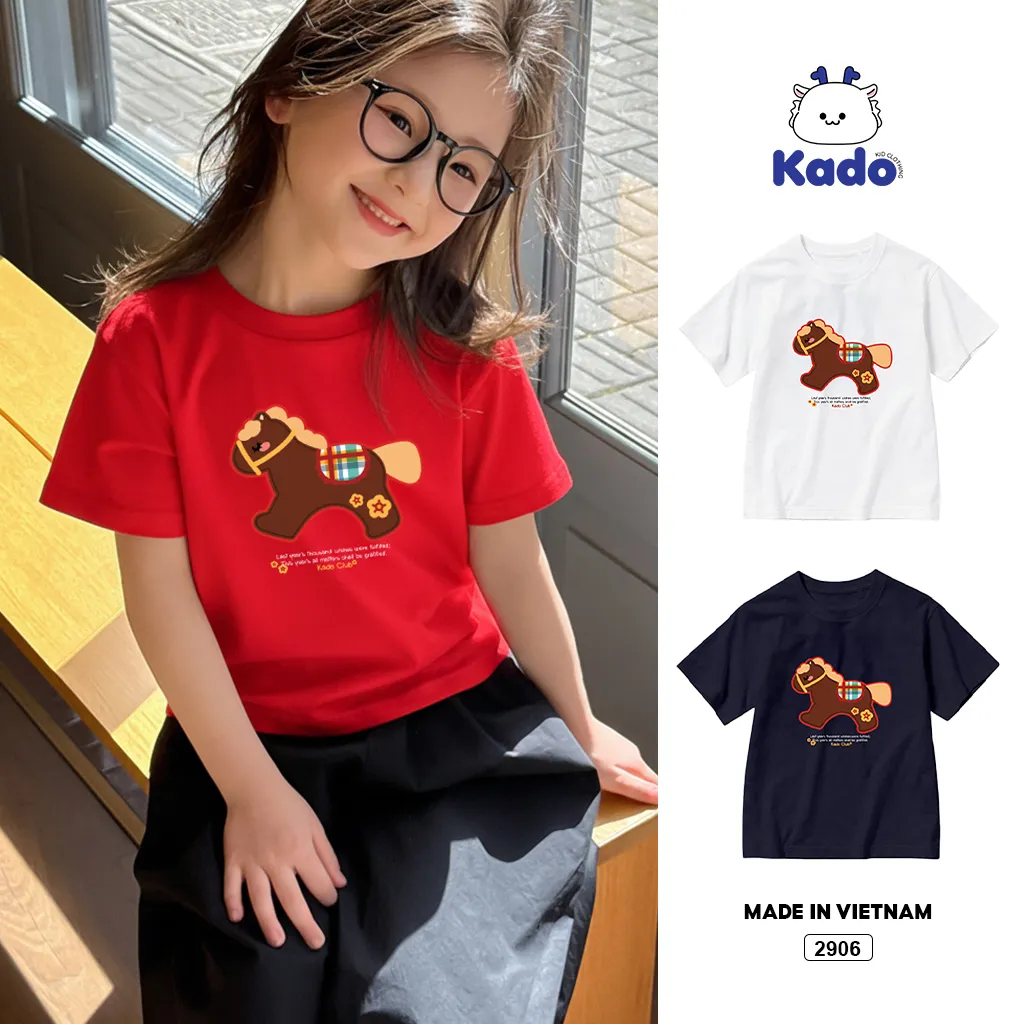 Áo thun form rộng bé gái Kado vải cotton thoáng mát mềm mại Ngựa gỗ đáng yêu 2906