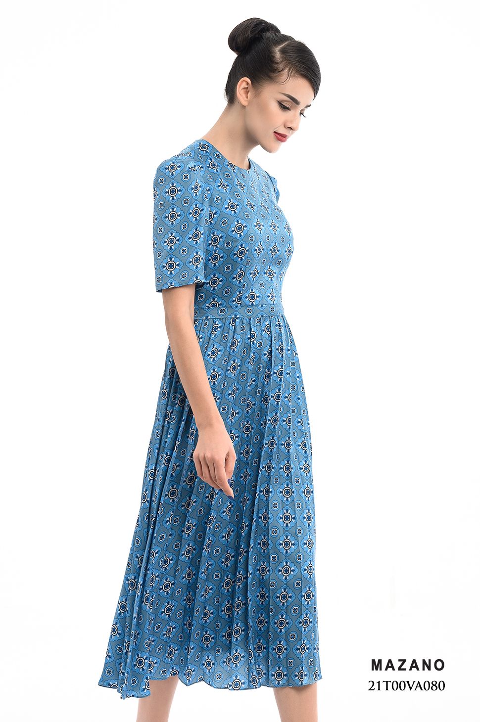 Đầm xanh họa tiết xếp ly_thumbnail_1