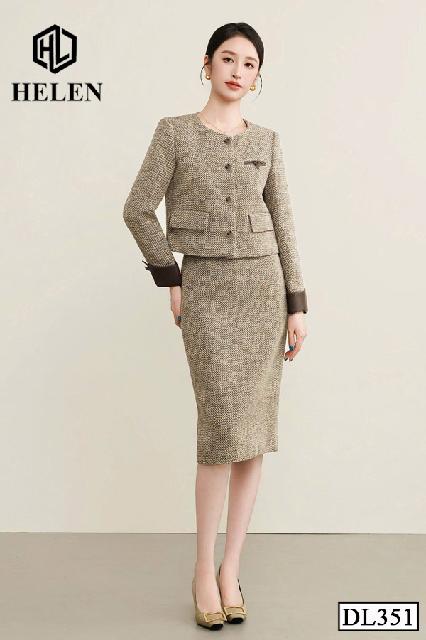 (Pre-order) Đầm liền màu nâu giả set cổ tròn tay dài DL351