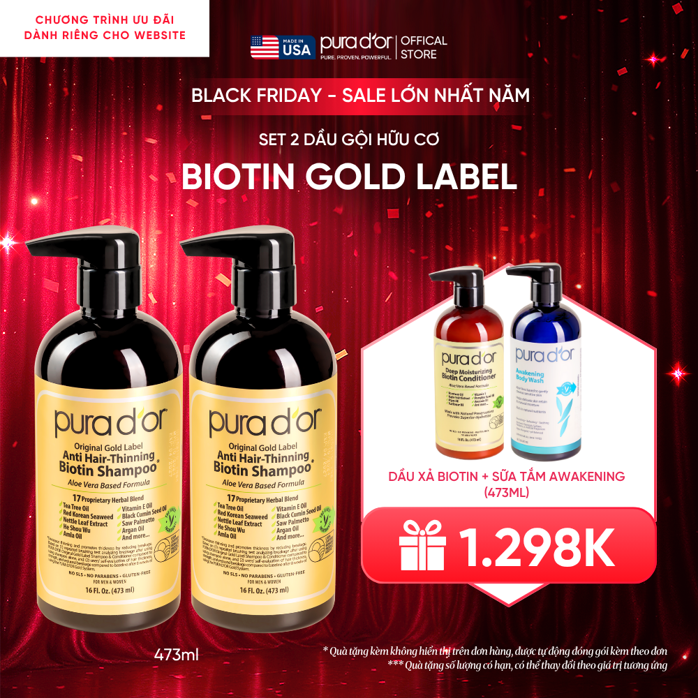 Set 2 Dầu Gội Biotin Pura D'or Original Gold Label Chăm Sóc Da Đầu, Giảm Rụng Tóc, Hỗ Trợ Mọc Tóc 473ml