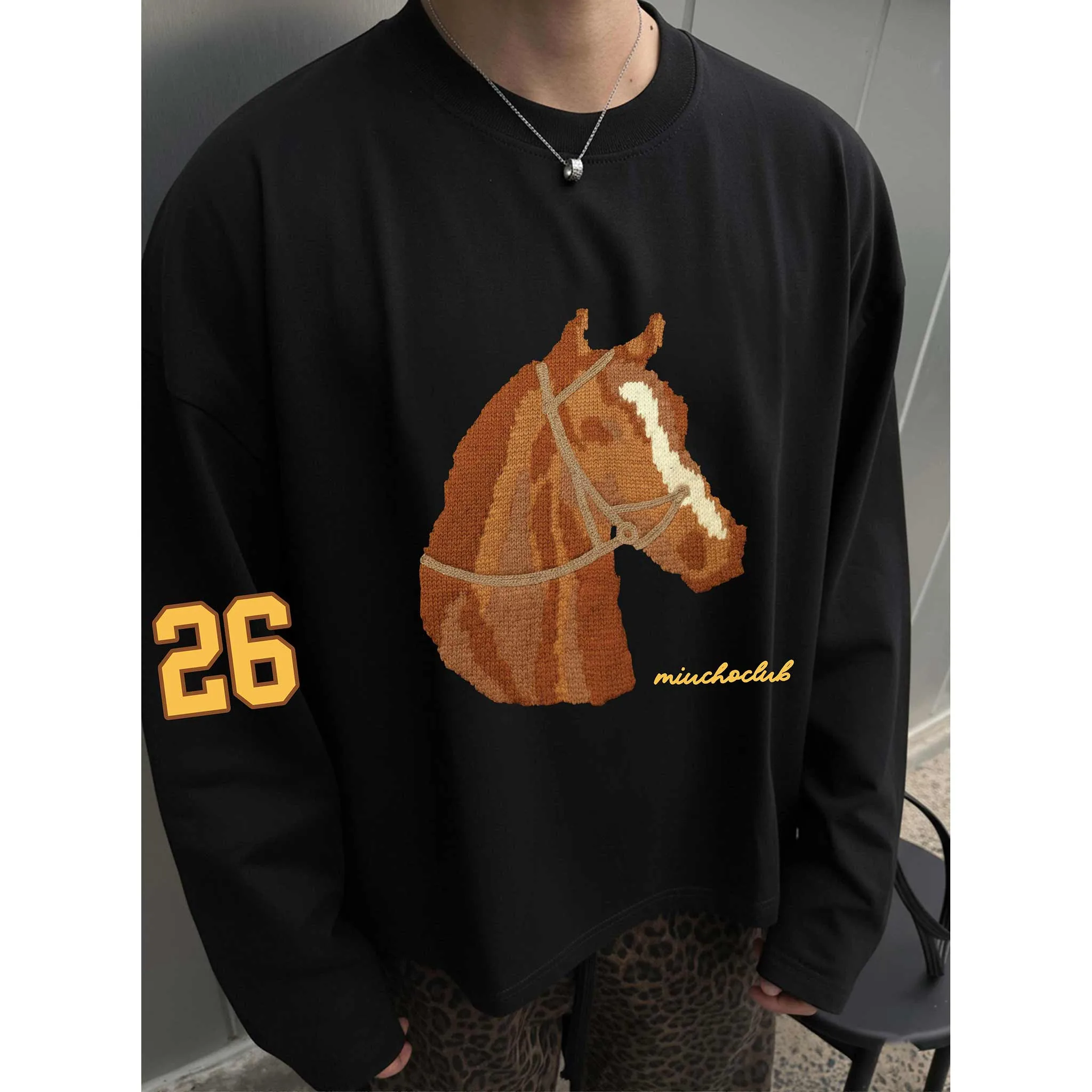 Áo thun tay dài form boxy Miucho Club vải cotton thoáng mát dày dặn dễ phối hình ngựa in mix 2786_thumbnail_6