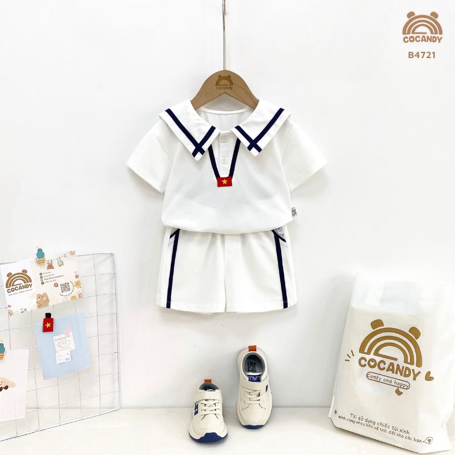 Bộ cộc TRẮNG thủy thủ nẹp V xanh than