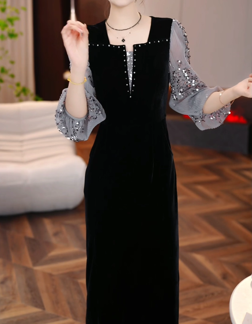 17053- Đầm body dự tiệc đen phối ren kim sa tay (thun poly 2 da)_thumbnail_3